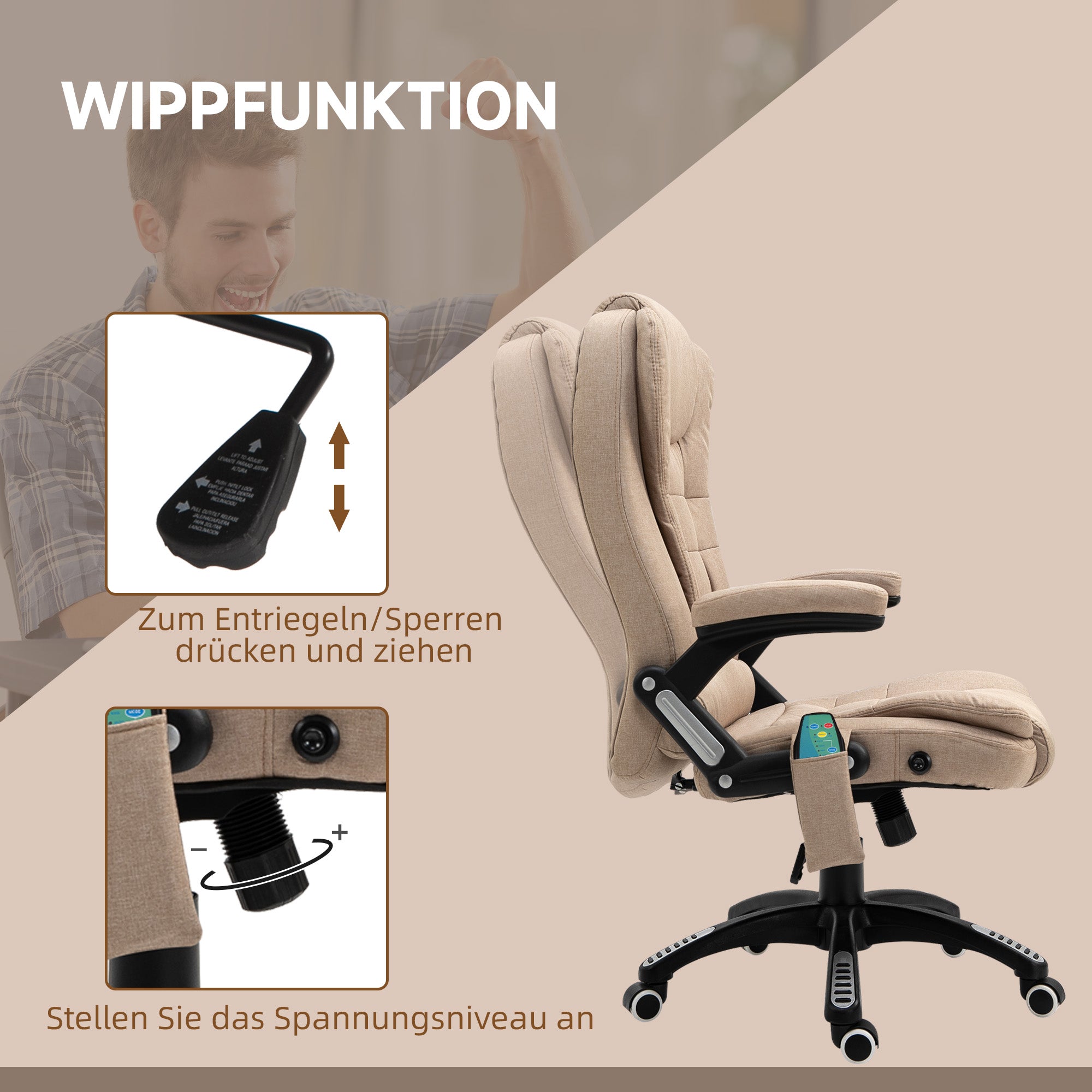 Vinsetto Massagesessel mit Wärmefunktion, Ergonomischer Schreibtischstuhl, höhenverstellbar, 68L x 72B x 110-120 cm, Braun
