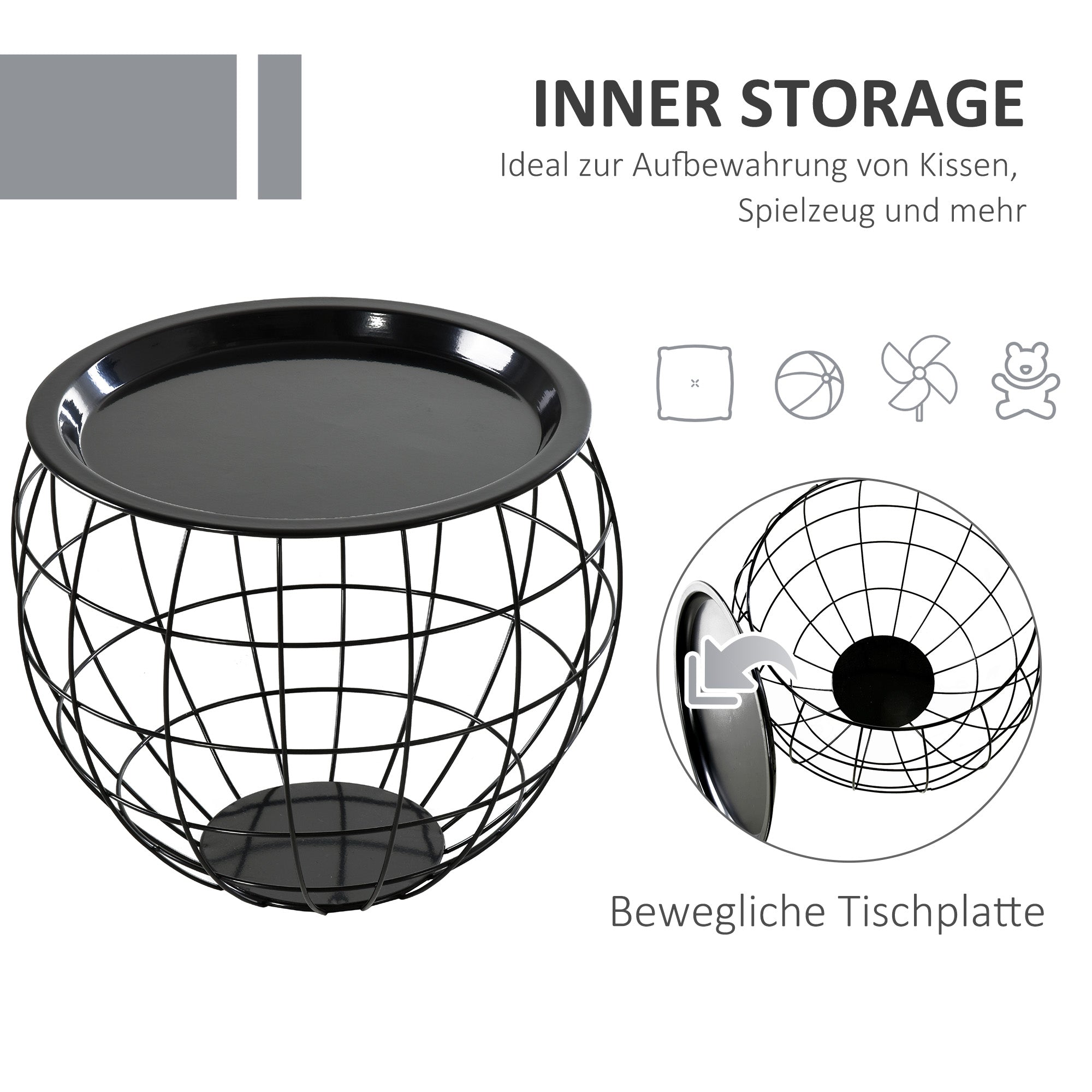 HOMCOM Couchtisch-Set 3-teilig, abnehmbare Tischplatte, Stahlrahmen, Schwarz glänzend, verschiedene Größen