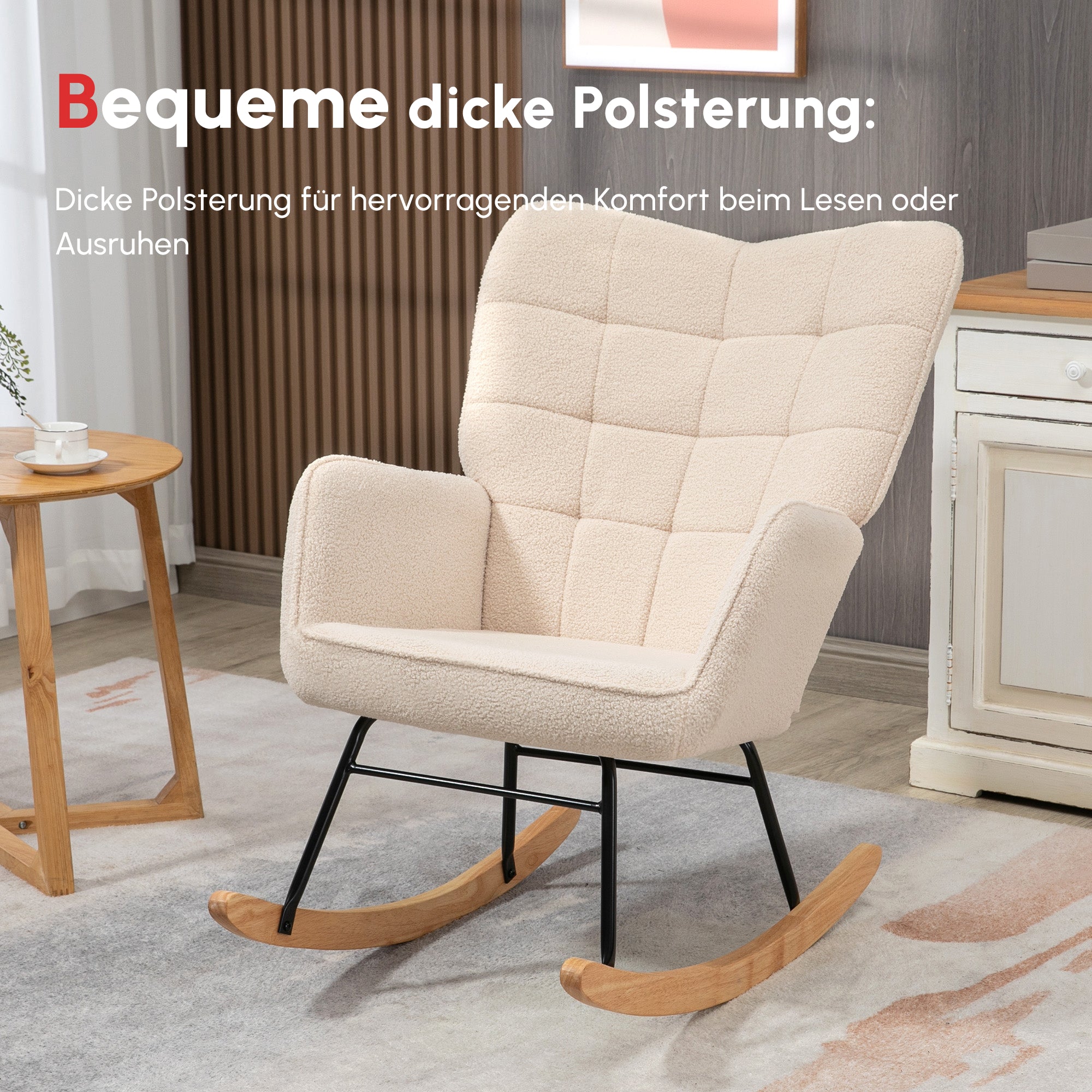 HOMCOM Schaukelstuhl im Retro-Design, Massivholz, Sessel, Relaxsessel, 98 cm x  71 cm x 101 cm, Beige
