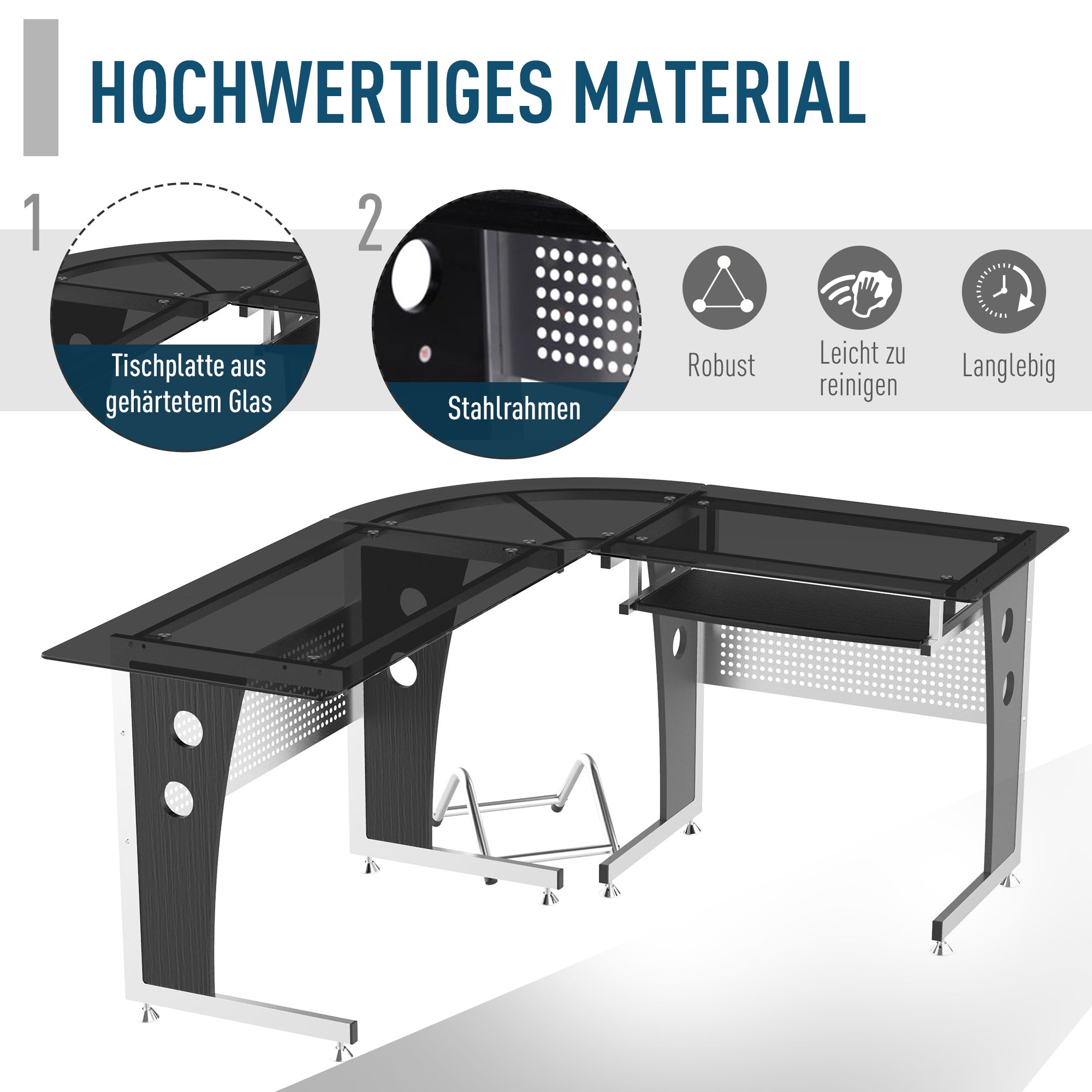 HOMCOM Computertisch Eckschreibtisch Schreibtisch Bürotisch PC Tisch mit schwarzem Sicherheitsglas L-förmig 164x139x75 cm