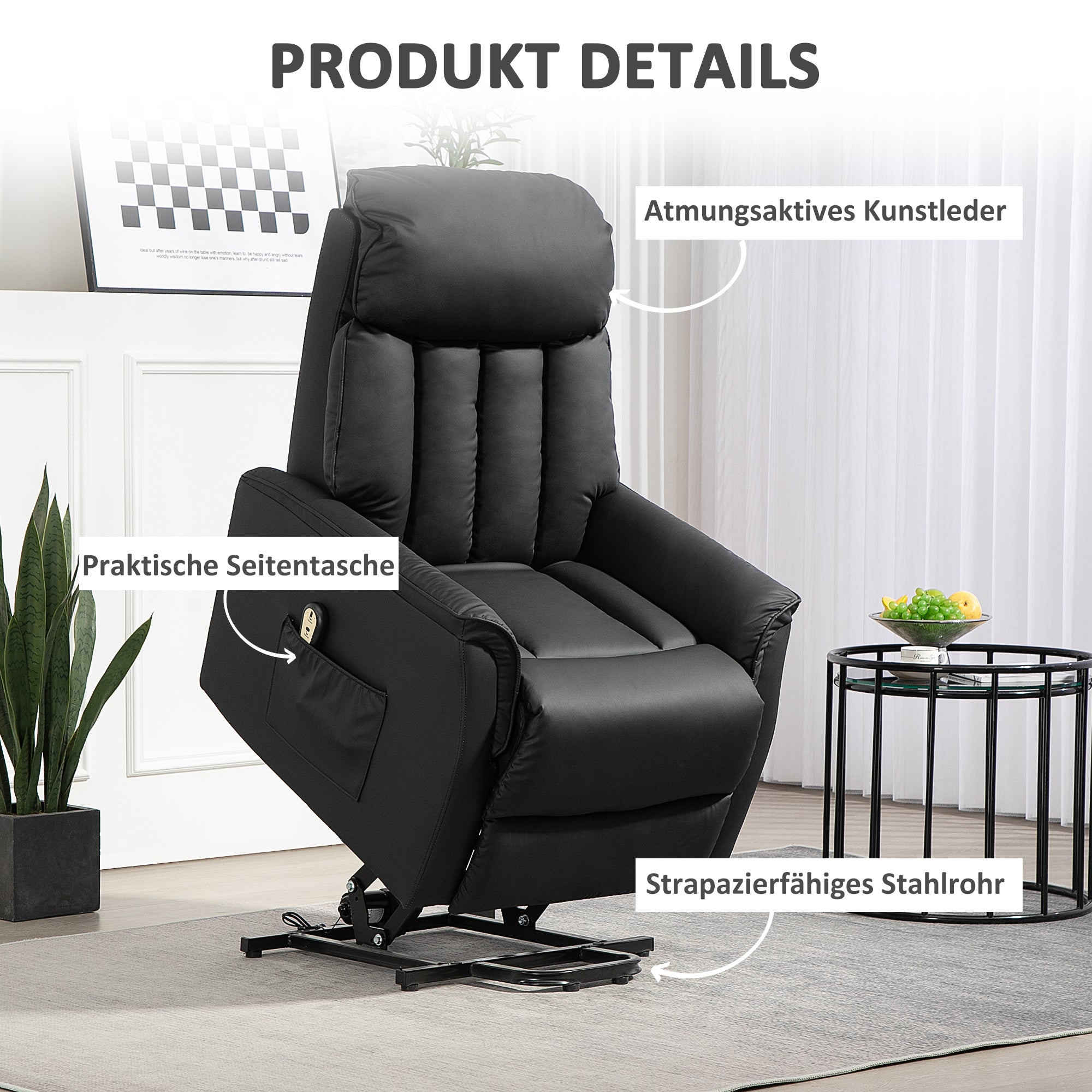 HOMCOM Elektrischer Aufstehsessel, Fernsehsessel, Sessel mit Aufstehhilfe, Liegefunktion, Kunstleder, 80 x 94 x 104 cm, Schwarz