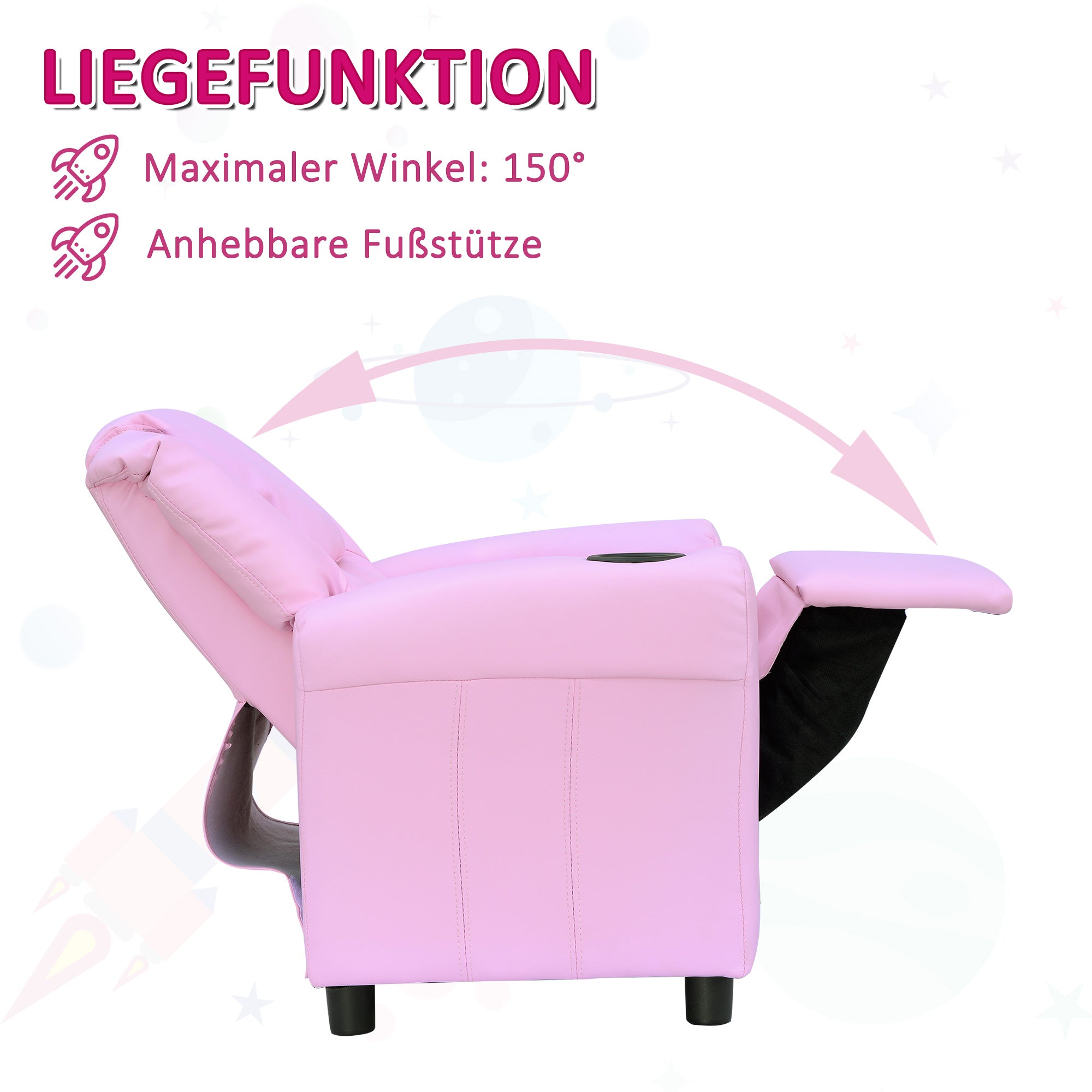 HOMCOM Kindersessel, Minisessel, Kindersofa für 3-6 Jahre alt, Liegefunktion, Eingebauten Becherhalter, Rosa, 62 x 56 x 69 cm