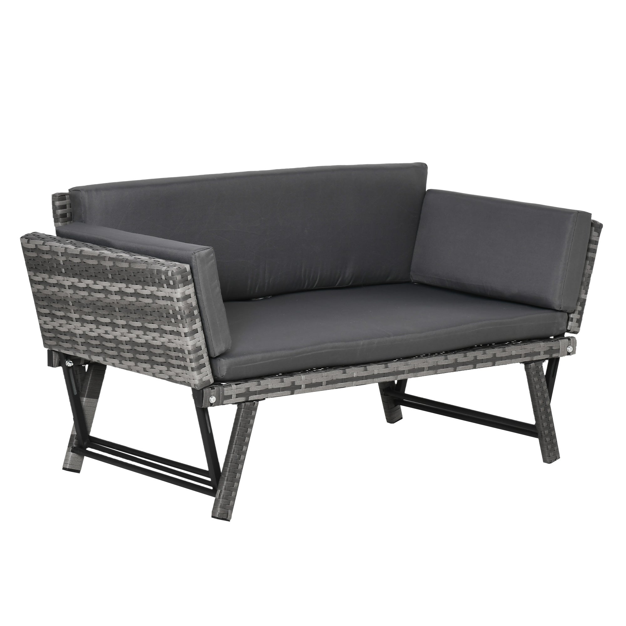 Outsunny Polyrattan Gartensofa 2 Sitzer Gartenmöbel Loungesofa Gartenbank Gartenliege klappbar Armlehnen Stahl Grau 129 x 63 x 67 cm