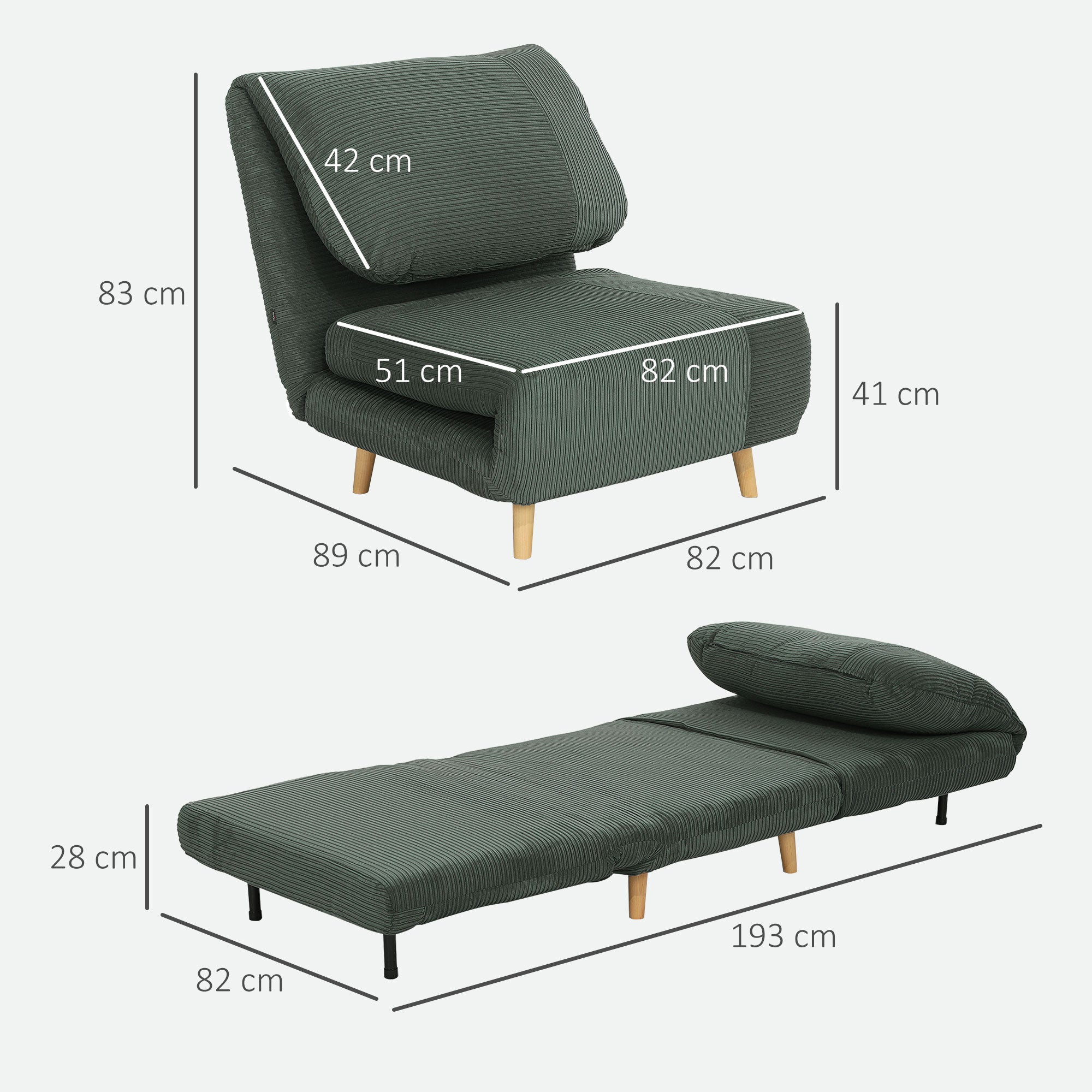 HOMCOM 2-in-1 Schlafsessel Gästebett, verstellbare Kopfstütze Cord-Optik 82 cm x 8 cm x 83 cm Grün