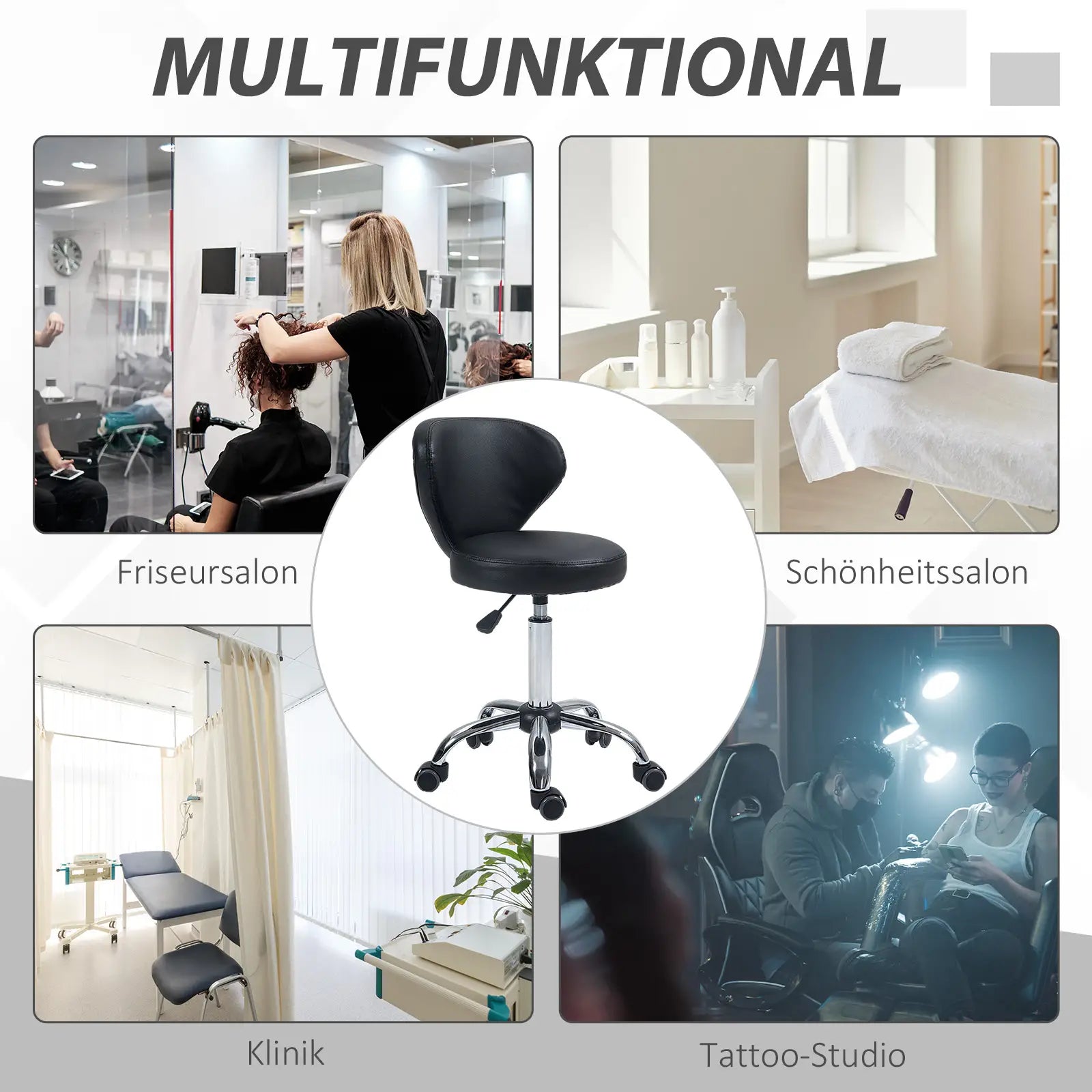 HOMCOM Rollhocker Massagehocker - drehbarer Arbeitshocker 360° - höhenverstellbare Sitzfläche 49-64H cm, ergonomische Rückenlehne