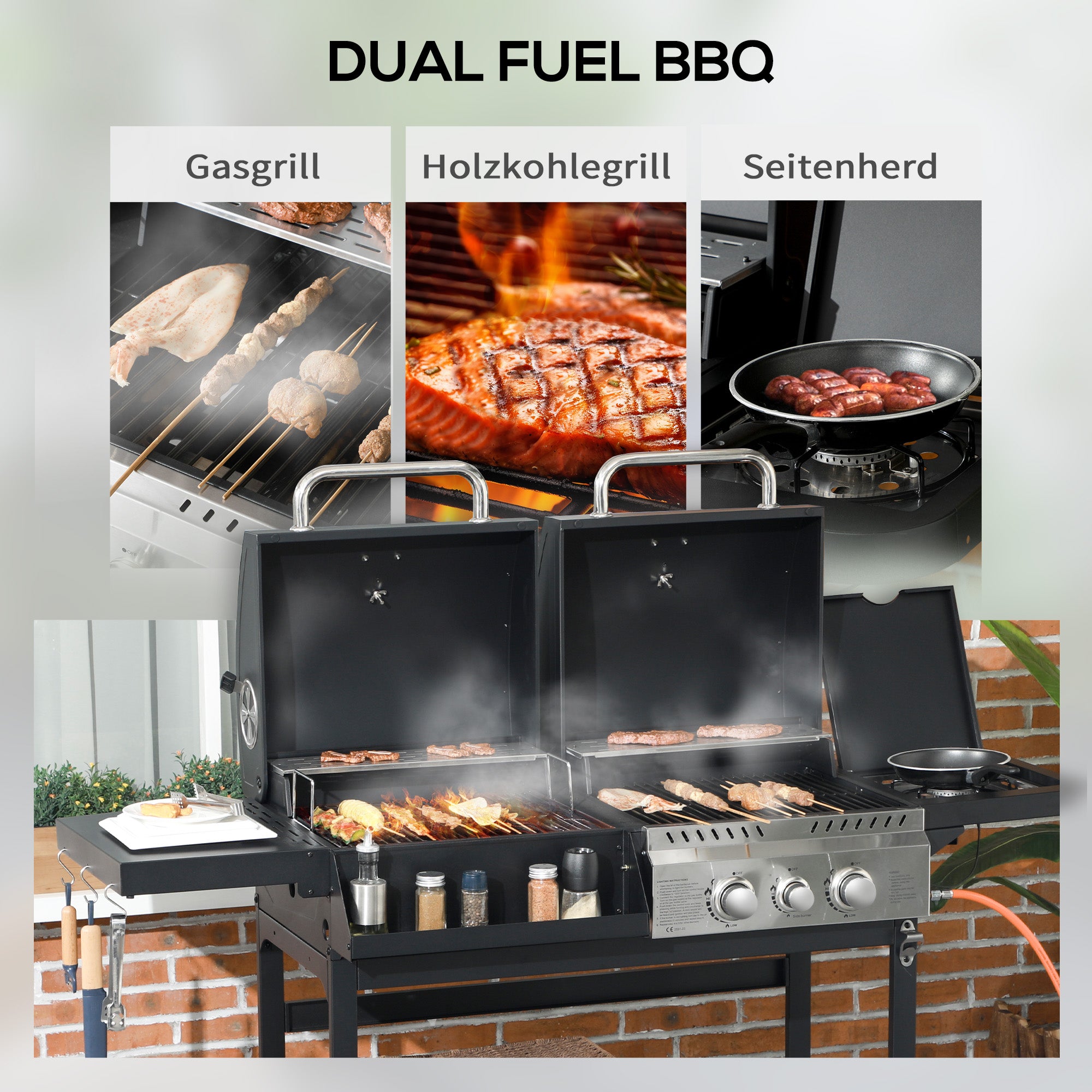 Outsunny Gasgrill BBQ-Grill, inkl. Thermometer, Warmhalteplatten, 161 x 53 x 101 cm, Schwarz + Silber