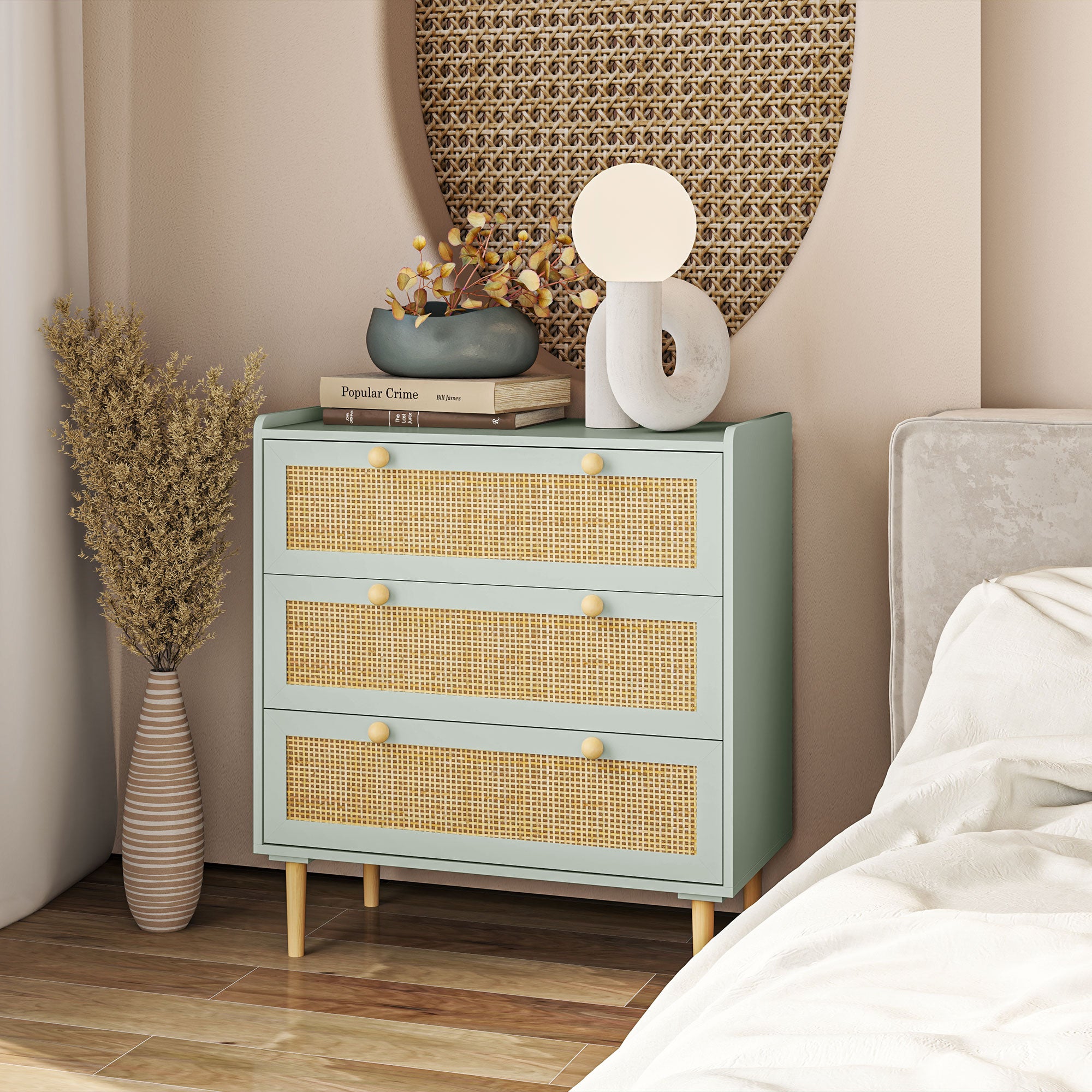 HOMCOM Schlafzimmer-Kommode mit 3 Schubladen, Rattan-Fronten, Kleiderkommode für Flur, Eingangsbereich, MDF, Grün