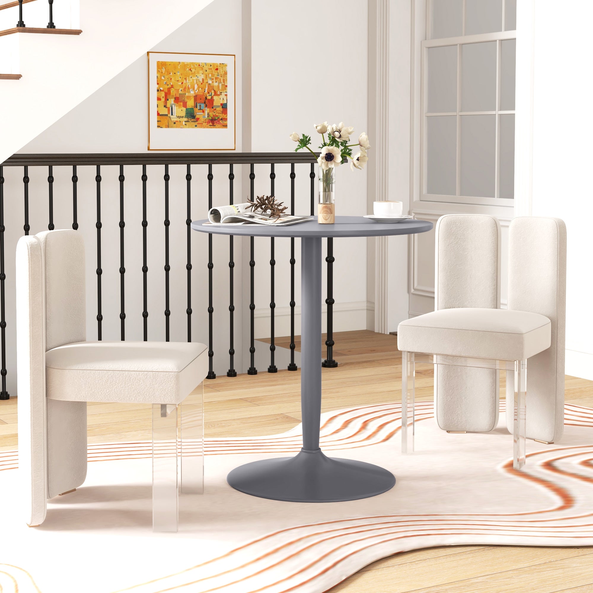 HOMCOM Esstisch für 2 Personen, runde Tischplatte, Stahlfuß, Grau, 70 x 70 x 75 cm