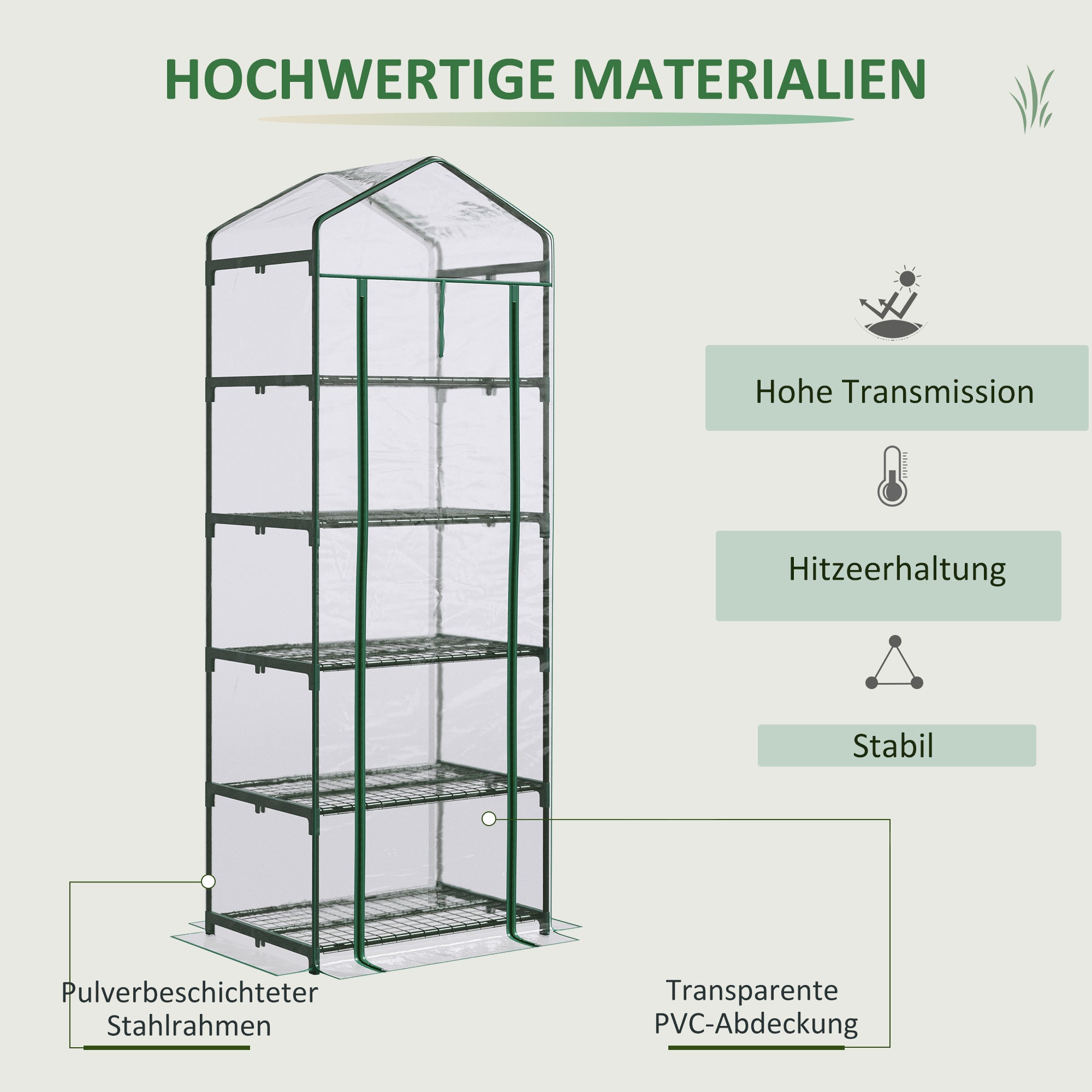 Outsunny Foliengewächshaus Mini-Gewächshaus mit 5 Regale für Blumen oder Gemüse Aufzucht Treibhaus Transparent+Grün Stahl Kunststoff 69 x 49 x 193 cm