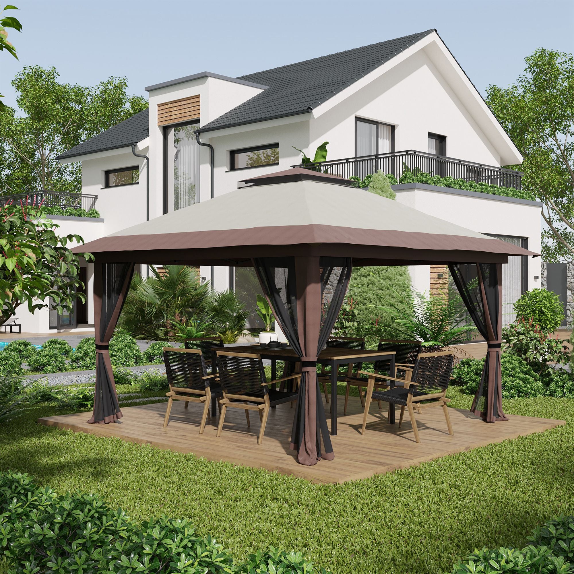 Outsunny Faltpavillon 4x4m UV-Schutz & Netzvorhänge Beige