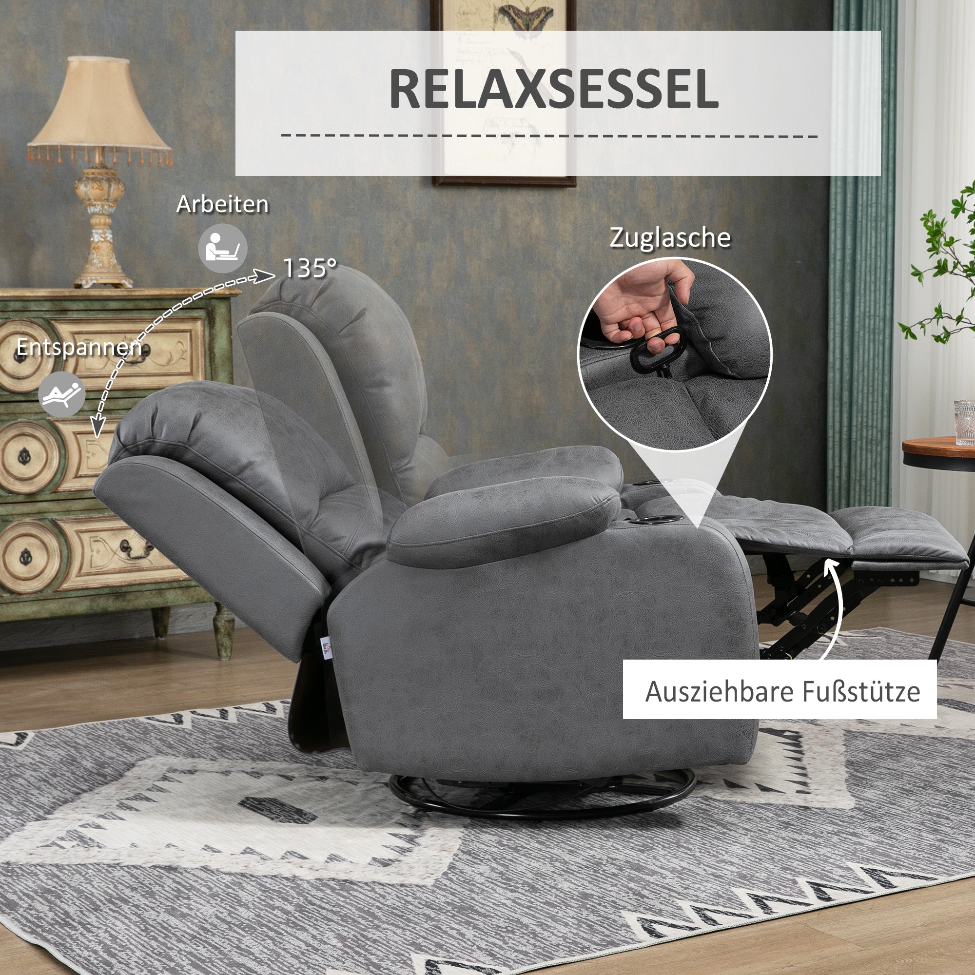 HOMCOM Relaxsessel mit Fußstütze und Liegefunktion, inkl. Getränkehalter, Fernsehsessel, 87 cm x 95 cm x102 cm, Grau