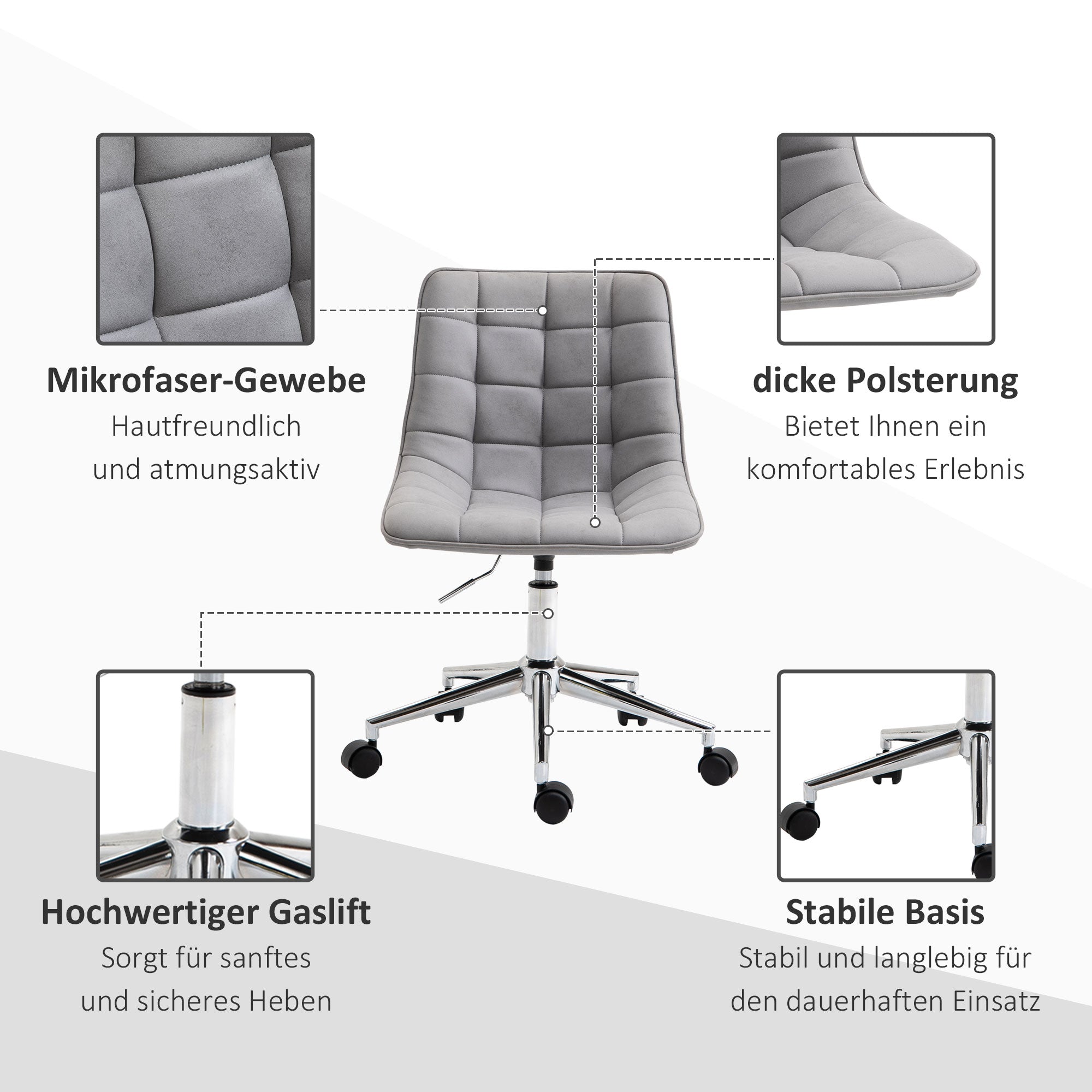 Vinsetto Bürostuhl Drehstuhl Schreibtischstuhl höhenverstellbar 360° drehbar Mikrofaser Schaumstoff Hellgrau 60x 60x90 cm