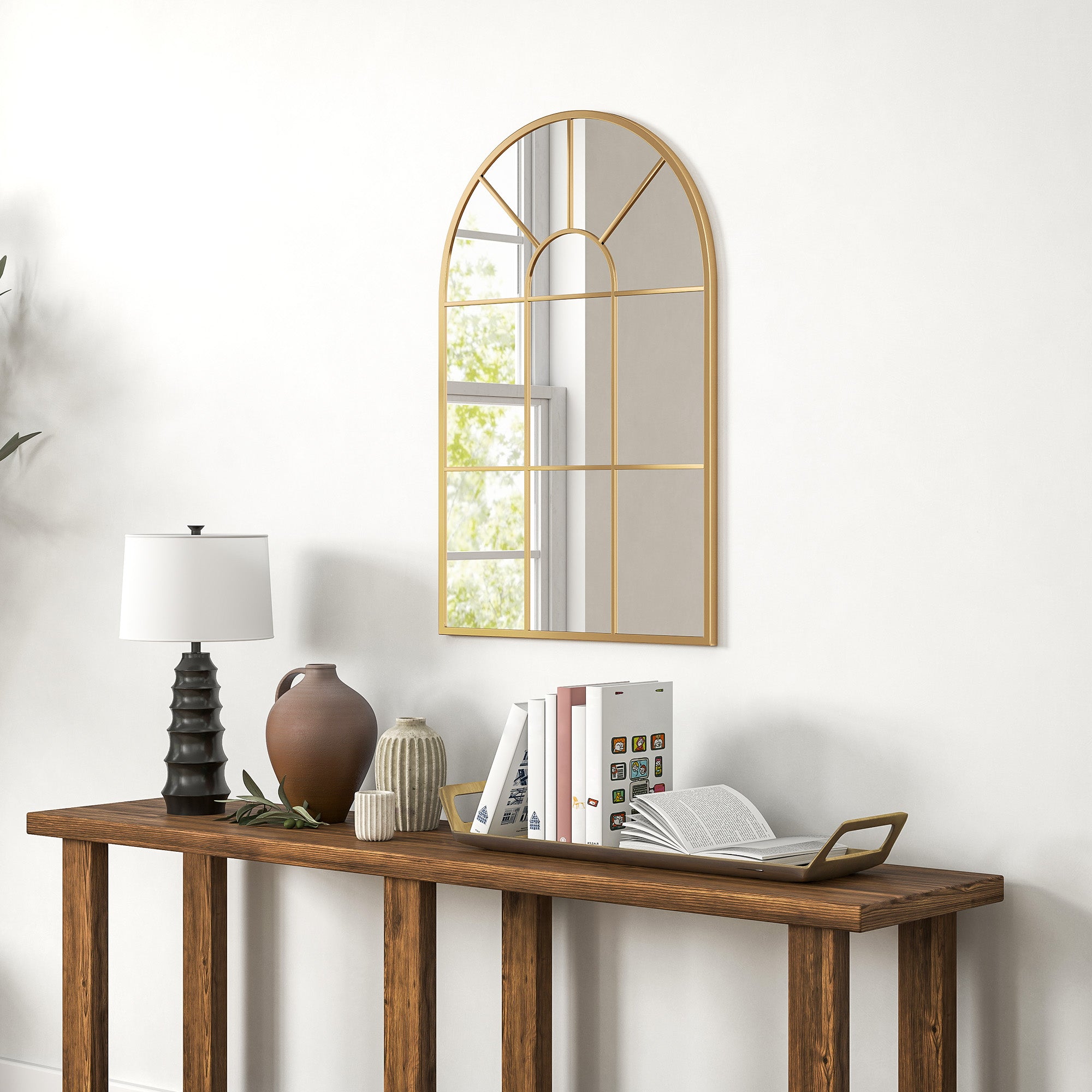 HOMCOM Wandspiegel, Fenster-Design, Flurspiegel, Metallrahmen, 91 x 60 cm, Gold