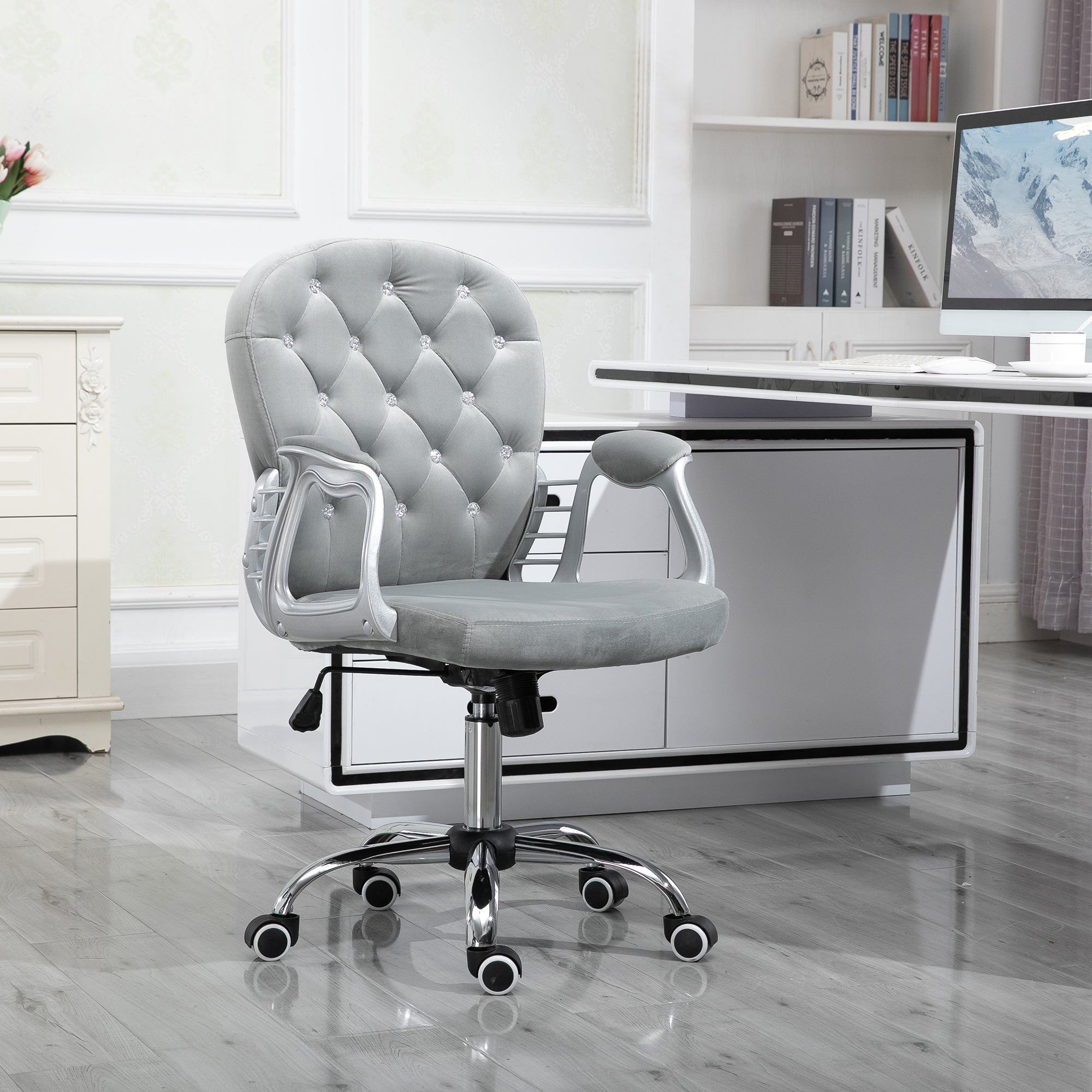 Vinsetto Bürostuhl, Ergonomisch Schreibtischstuhl mit Armlehne, Gepolsterter Rückenlehne, Höhenverstellbar Computerstuhl mit Velvetoptik, Drehstuhl für Home Office, Grau