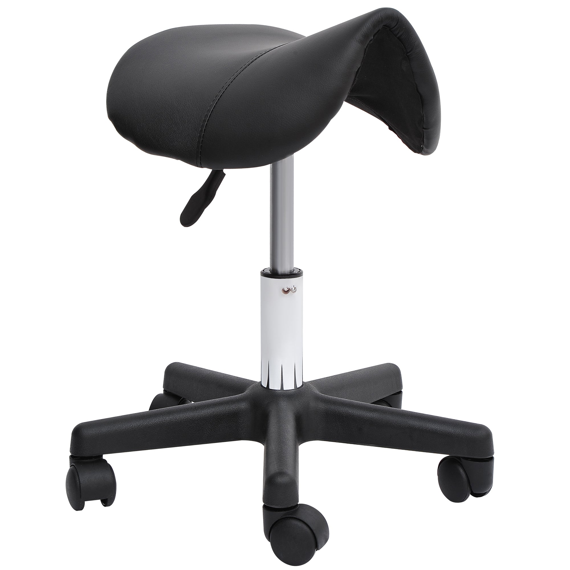 HOMCOM Rollhocker, sattelförmiger Sitz, höhenverstellbar, um 360° drehbar, Kunstleder, schwarz, 35 x 38 x 45-55 cm