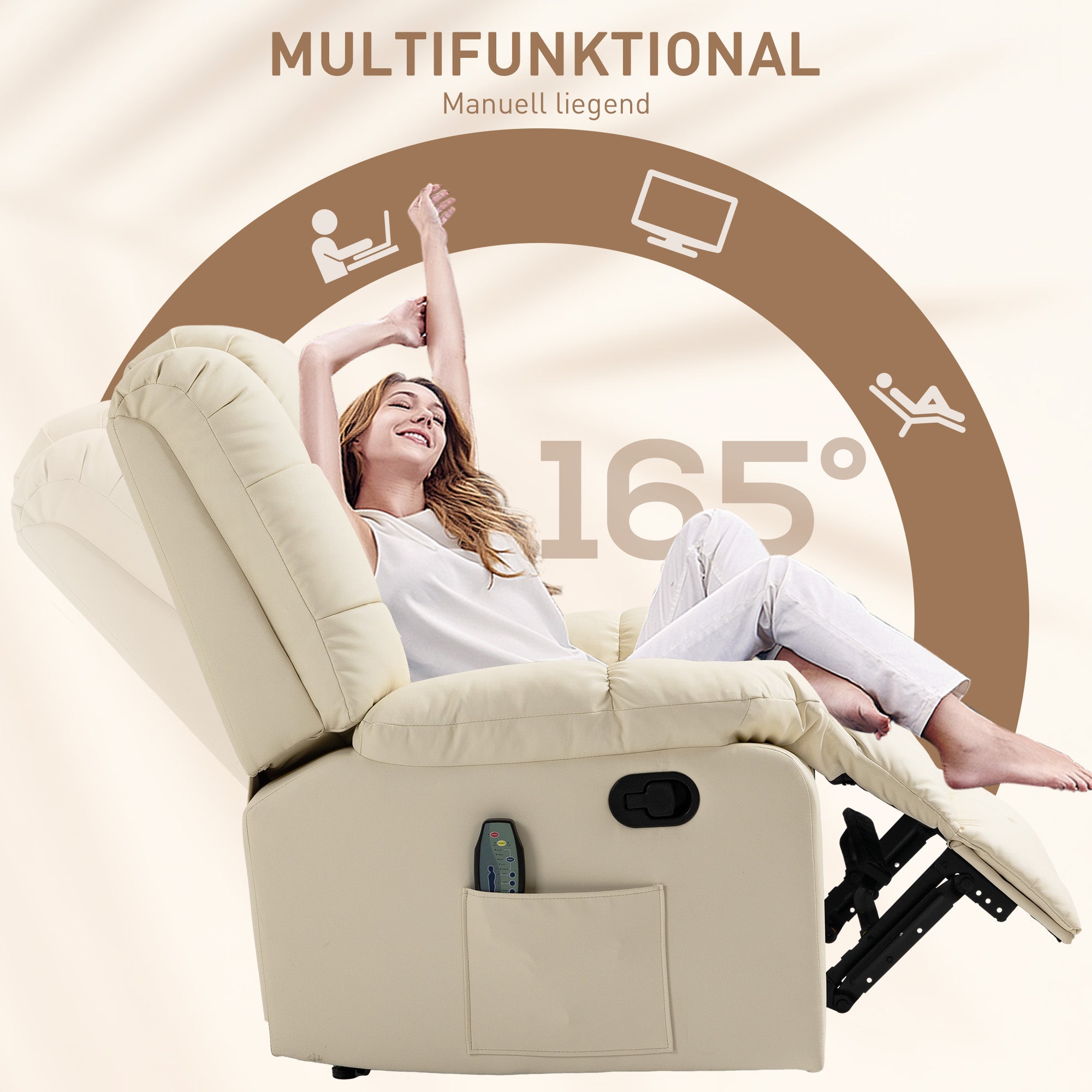 HOMCOM Massagesessel, Relaxsessel, 8 Vibrationspunkte, Liegefunktion, Kunstleder, cremeweiß, 94x99x99cm