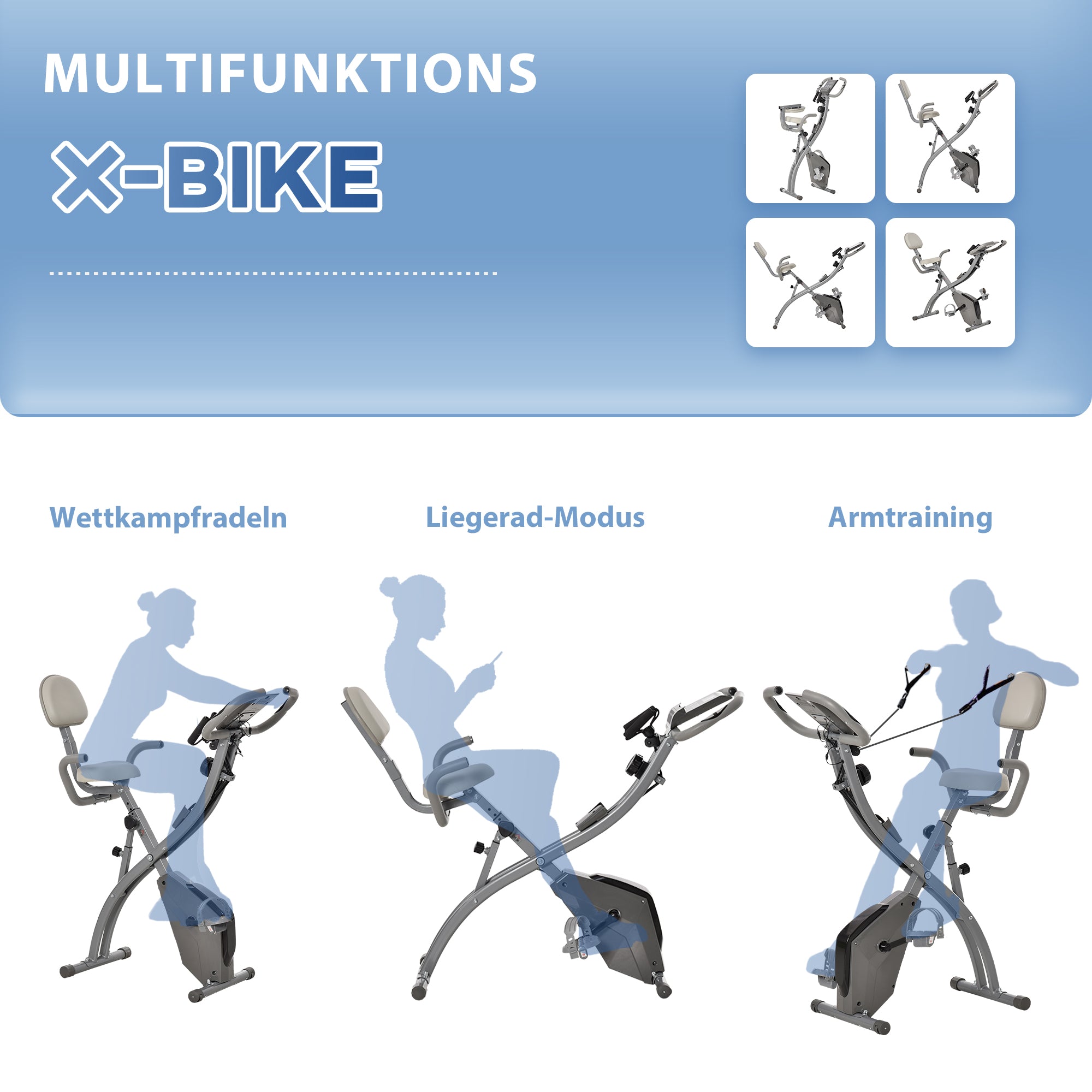 HOMCOM Heimtrainer X-Bike 2-in-1 Fahrradtrainer mit LCD-Display,Pulsmesser, klappbarer Hometrainer Trimmrad mit 8 stufig Magnetwiderstand, 1 Paar Spannseil, Stahl Grau 105x48x118 cm
