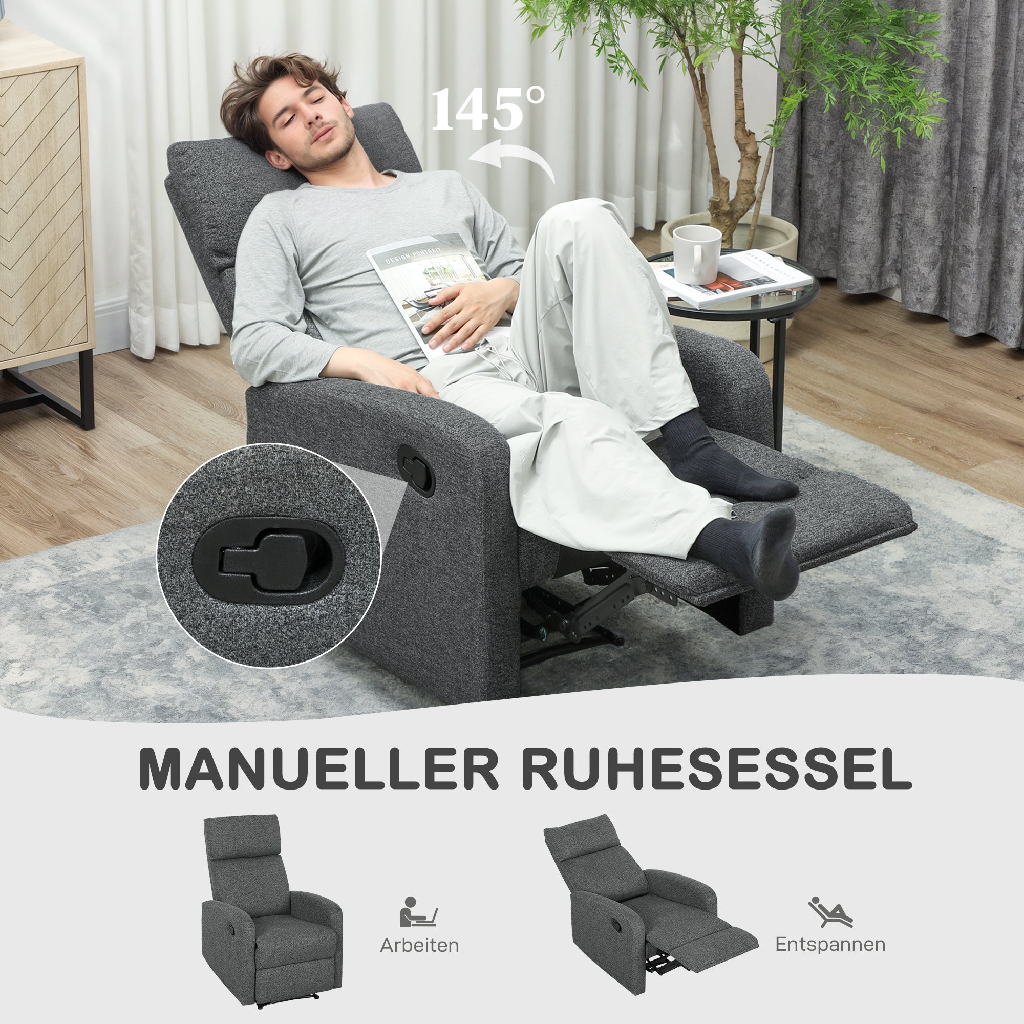 HOMCOM Relaxsessel, verstellbarer Liegesessel mit anpassbarer Beinstütze, Moderner Wohnzimmersessel mit Stoffbezug, Grau