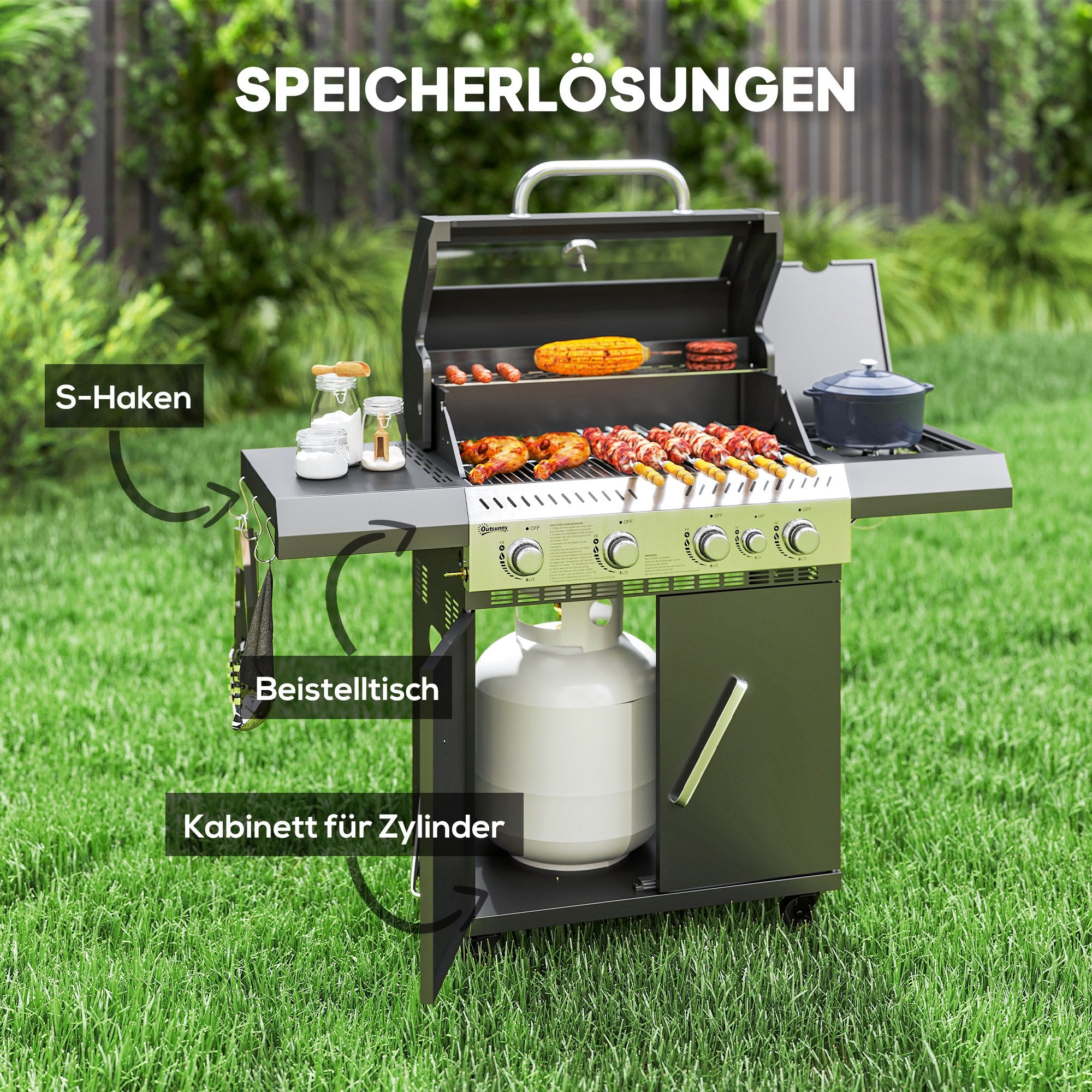 Outsunny Gasgrill 12 KW Grillwagen inkl 5 Brenner Seitenkocher Rolle Deckel Thermometer Seitenablagen 135 x 54 x 110 cm