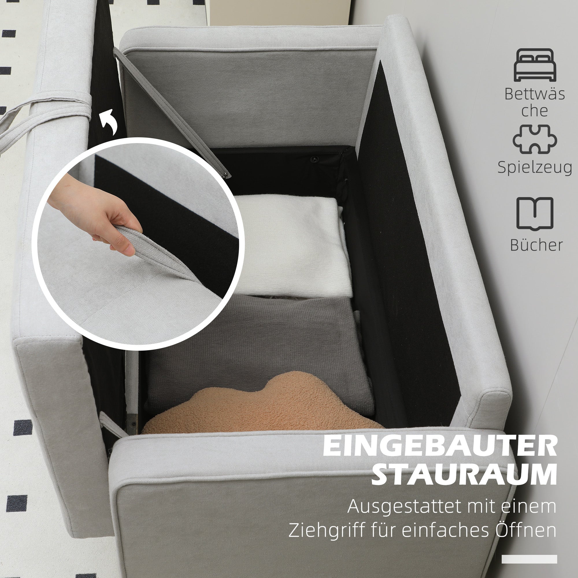 HOMCOM Zweisitzer-Sofa mit Stauraum, Knopfheftung, Kissen, Kautschukbaumholz, 117x62x78cm, Hellgrau