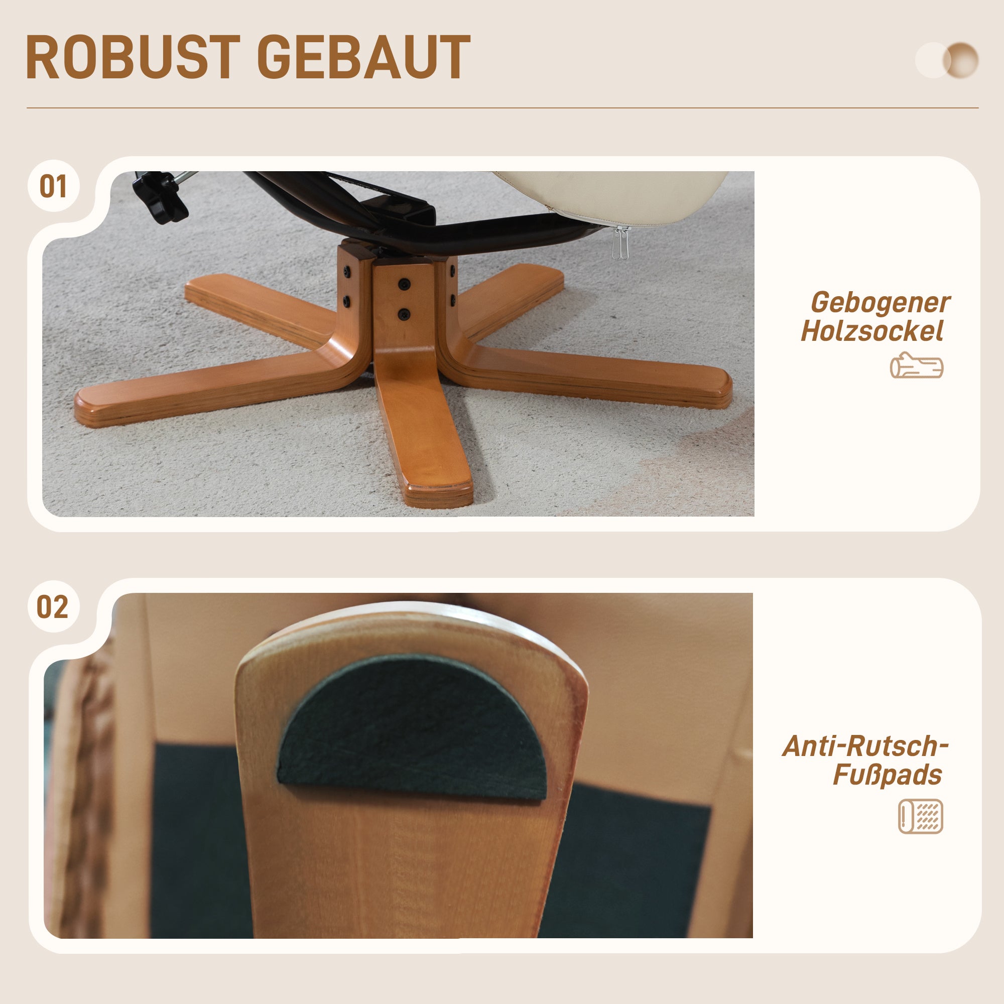 HOMCOM Relaxsessel mit Hocker, Liegefunktion, Kunstlederbezug, bis 150 kg, 71 x 84 x 102 cm, Cremeweiß