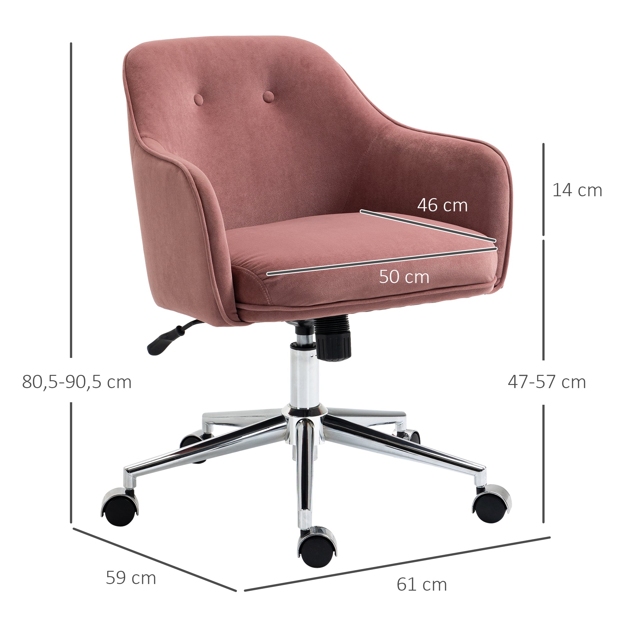 Vinsetto Schreibtischstuhl mit Knopfheftung, höhenverstellbar, Wippfunktion, Samtoptik, 61 cm x 59 cm x 90,5 cm, Altrosa