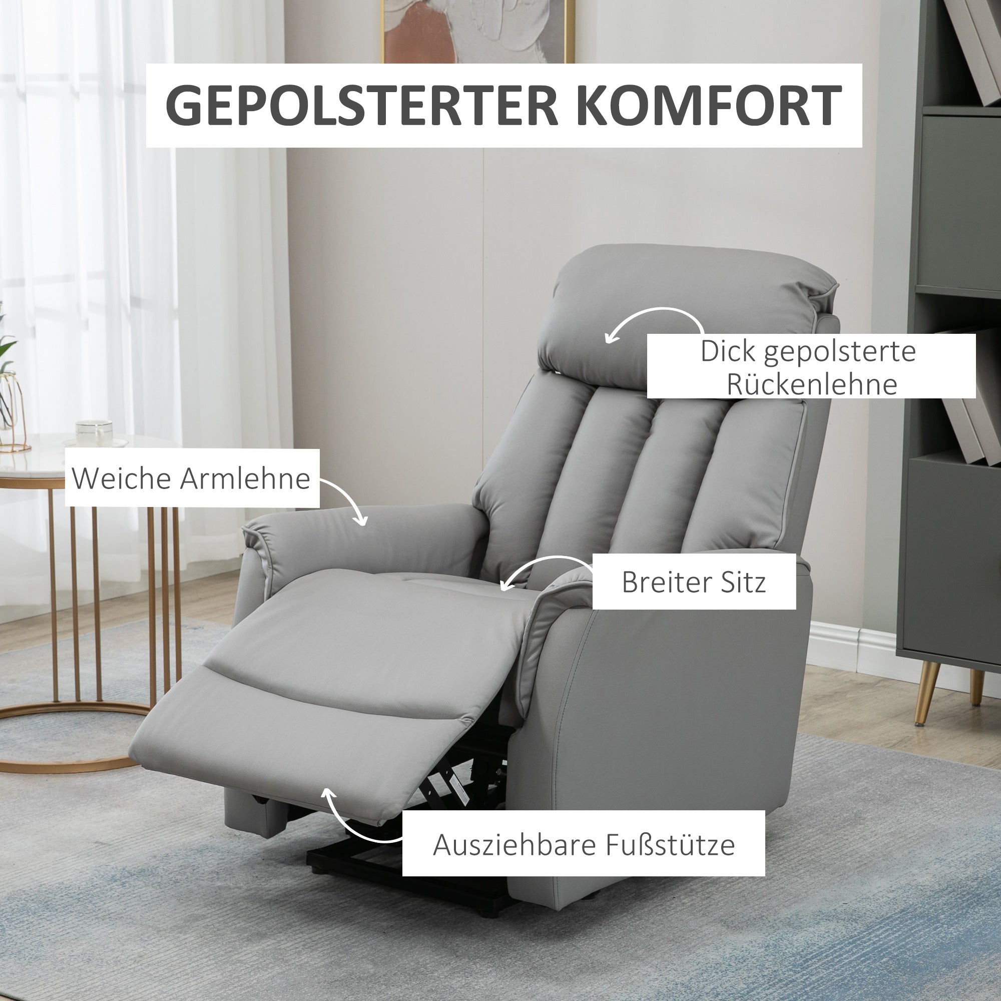 HOMCOM Aufstehsessel Relaxsessel Fernsehsessel, inkl. Kabelfernbedieung, 1 Seitentasche,  80 x 94 x 104 cm, Grau