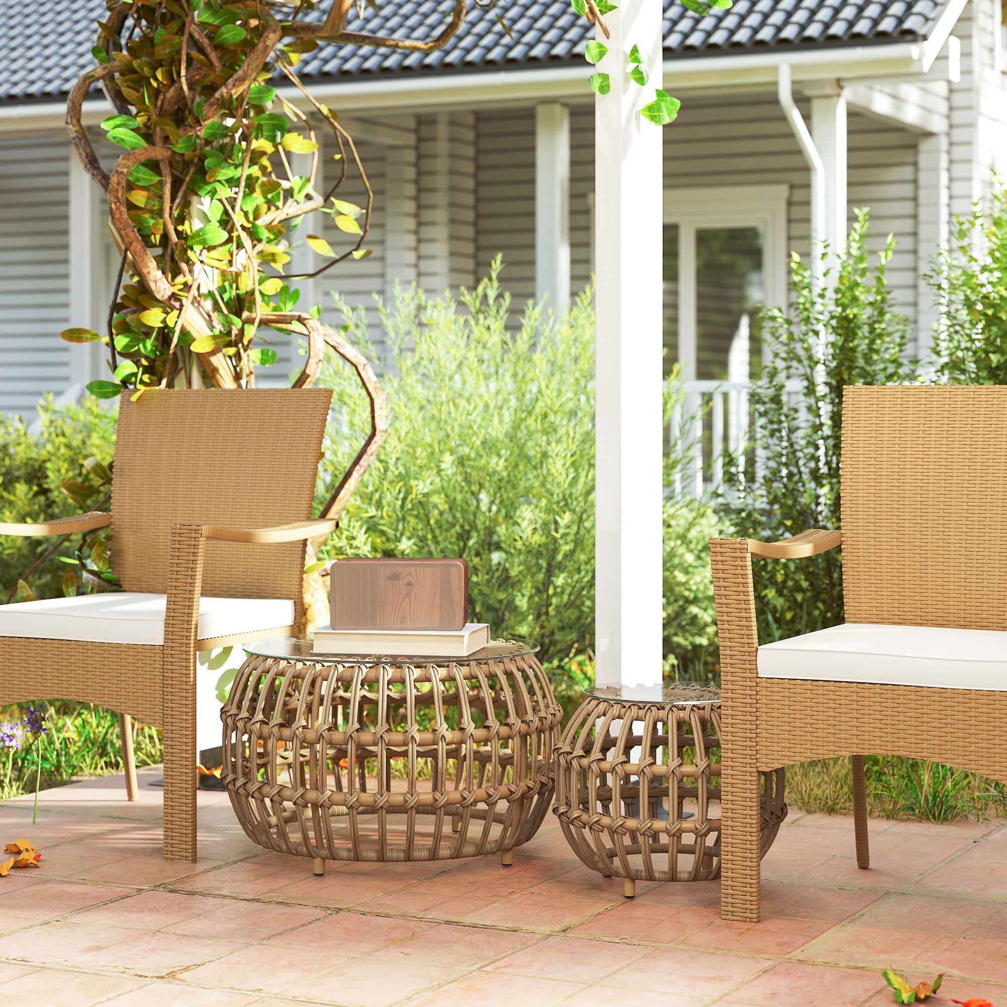 Outsunny 2er Set Beistelltisch Polyrattan Ø66/42 cm rund wetterfest Gartentisch mit Glasplatte Braun