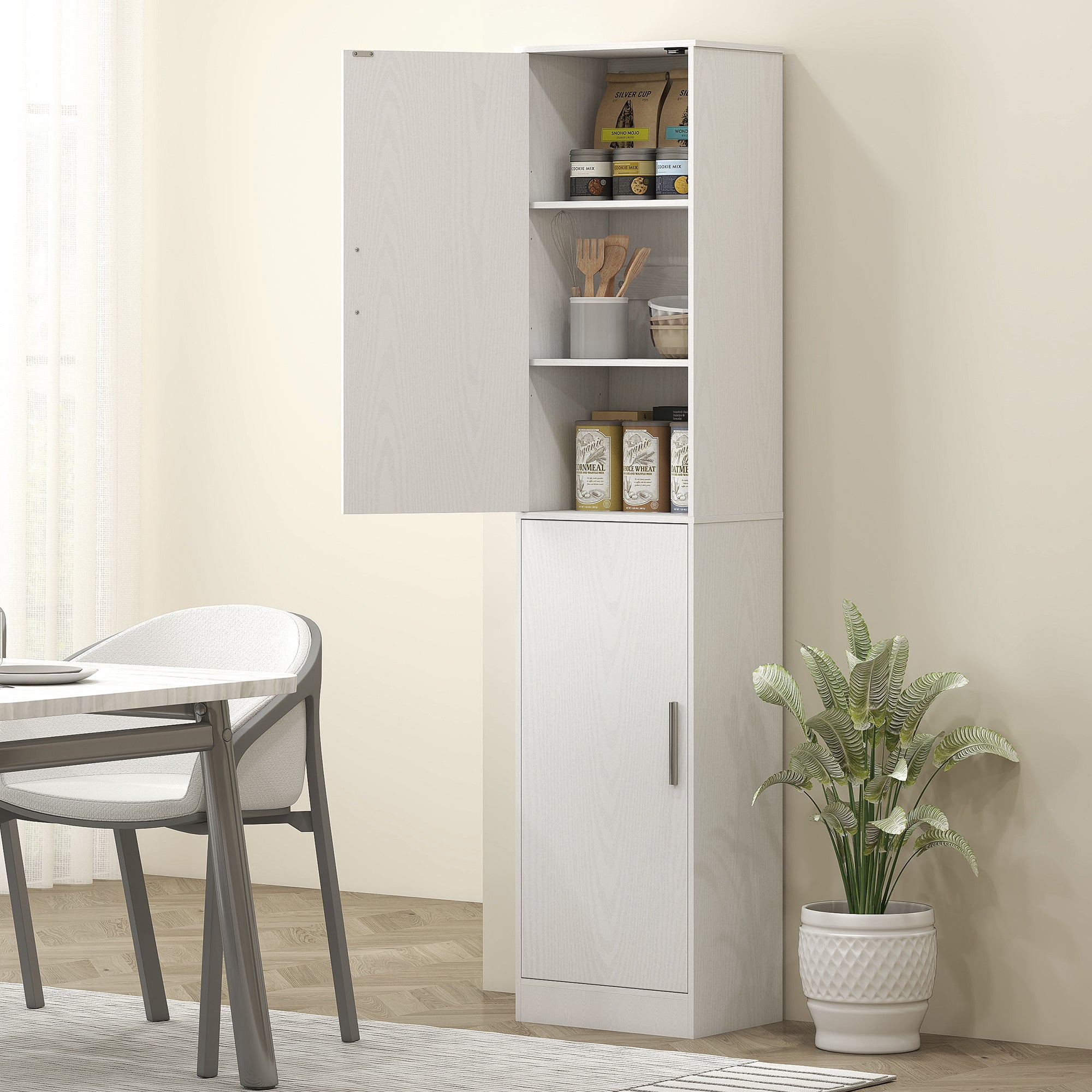 HOMCOM 180 cm hoher Badezimmerschrank, schmaler Badschrank mit 2 Türen, 4 verstellbare Regale, Spanplatte, MDF, Weiß