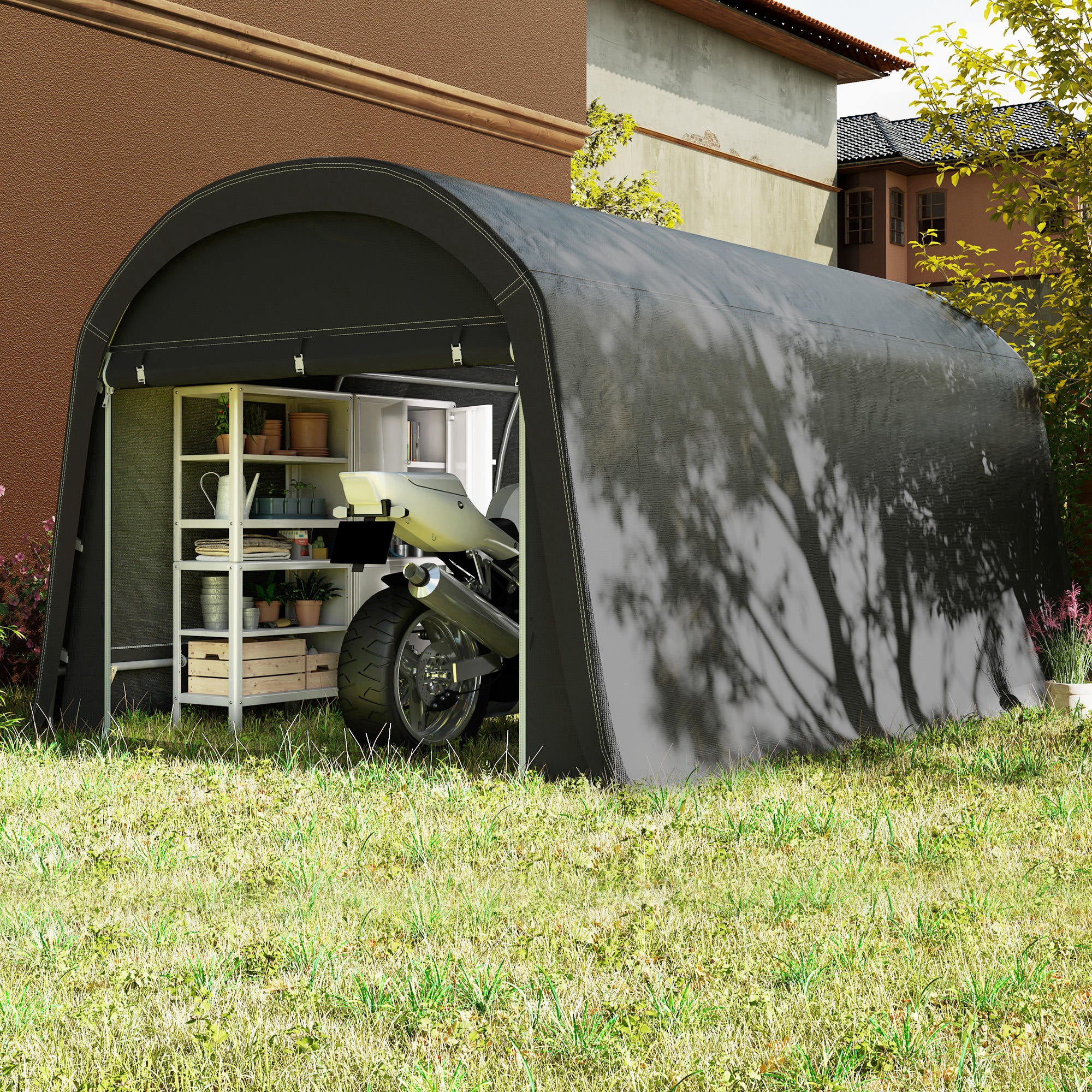 Outsunny /Gartenschuppen mit Kunststoff-Plane, Werkzeugzelt, aufstellbare Garage, 300B x 450T x 230H cm, Dunkelgrau