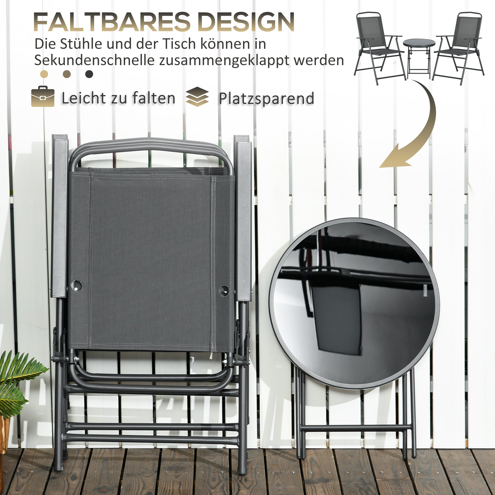 Outsunny Bistro-Set 3-teilig aus Metall Wetterfest Gartenmöbel Set mit klappbar Glastisch Gartenstühlen Dunkelgrau