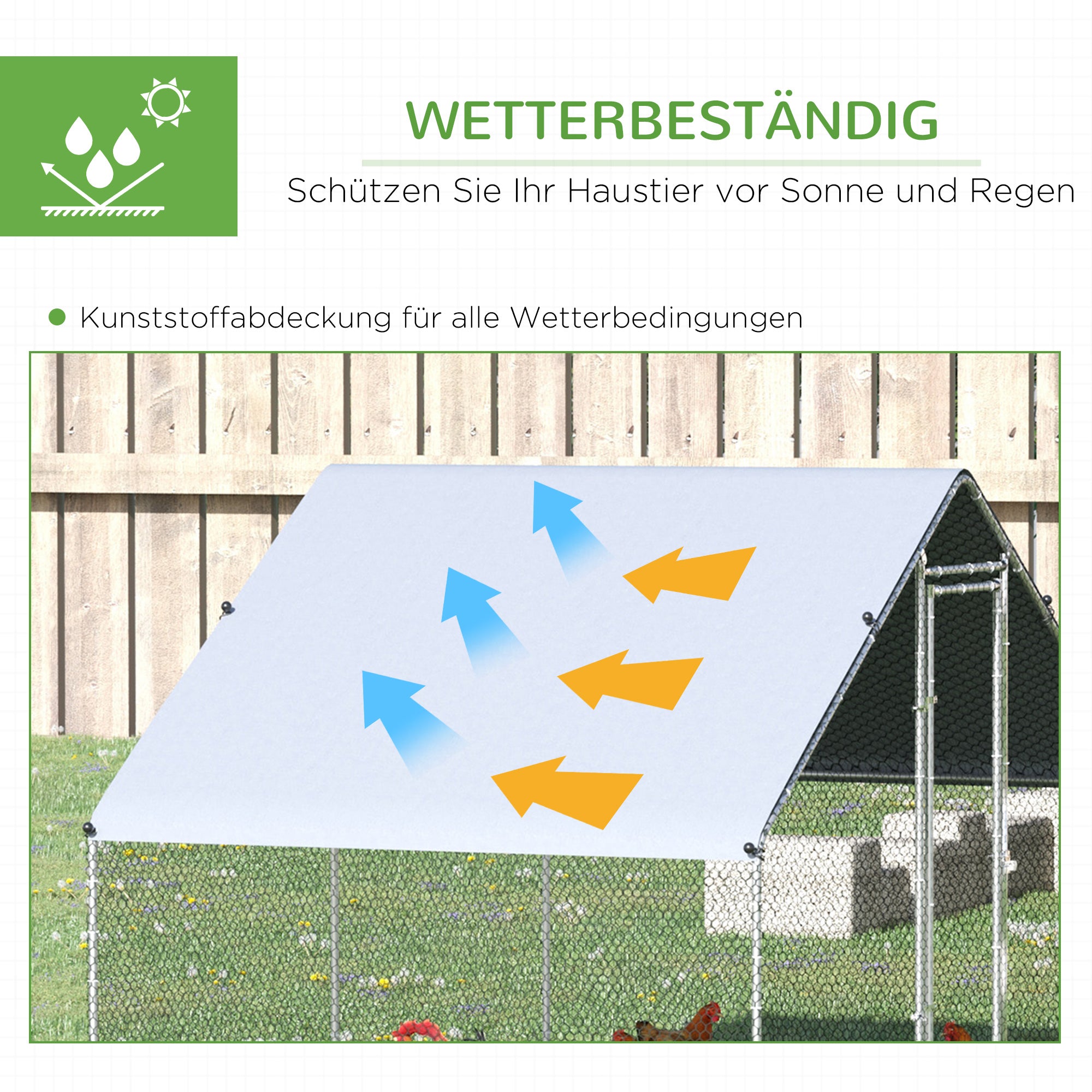 PawHut Hühnerstall, Freilaufgehege, Geflügelstall mit Schattendach, Freigehege für 4-6 Hühner, Enten Kaninchen, 3 x 2 x 2 m