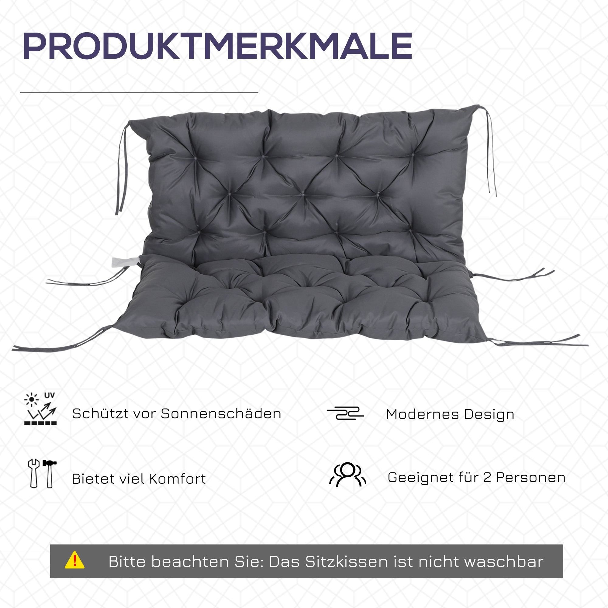 Outsunny 2 Sitzer Bankauflage 100 x 98 x 8 cm Sitzkissen mit Bändern Rückenkissen für Indoor/Outdoor Polster Auflage für Sitzbank Gartenbank Gartenmöbel Hollywoodschaukeln Dunkelgrau