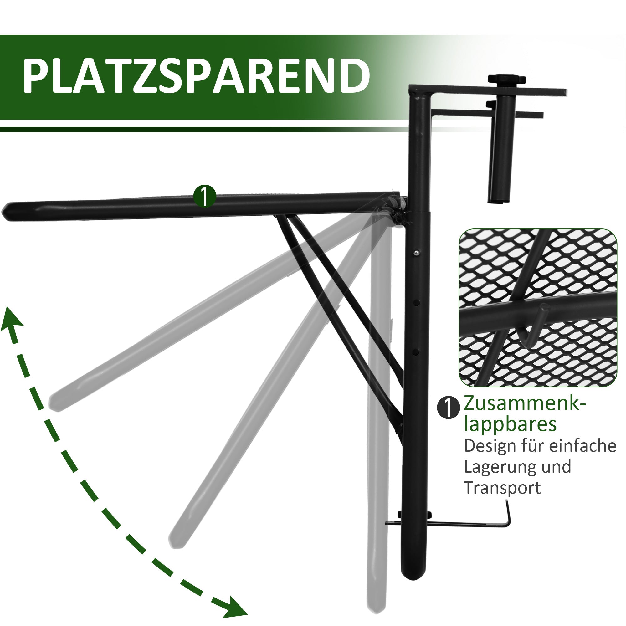 Outsunny Balkonhängetisch Gartentisch höhenverstellbar viereckig Terrasse Metall Schwarz L60 x B56,5 x H45 cm