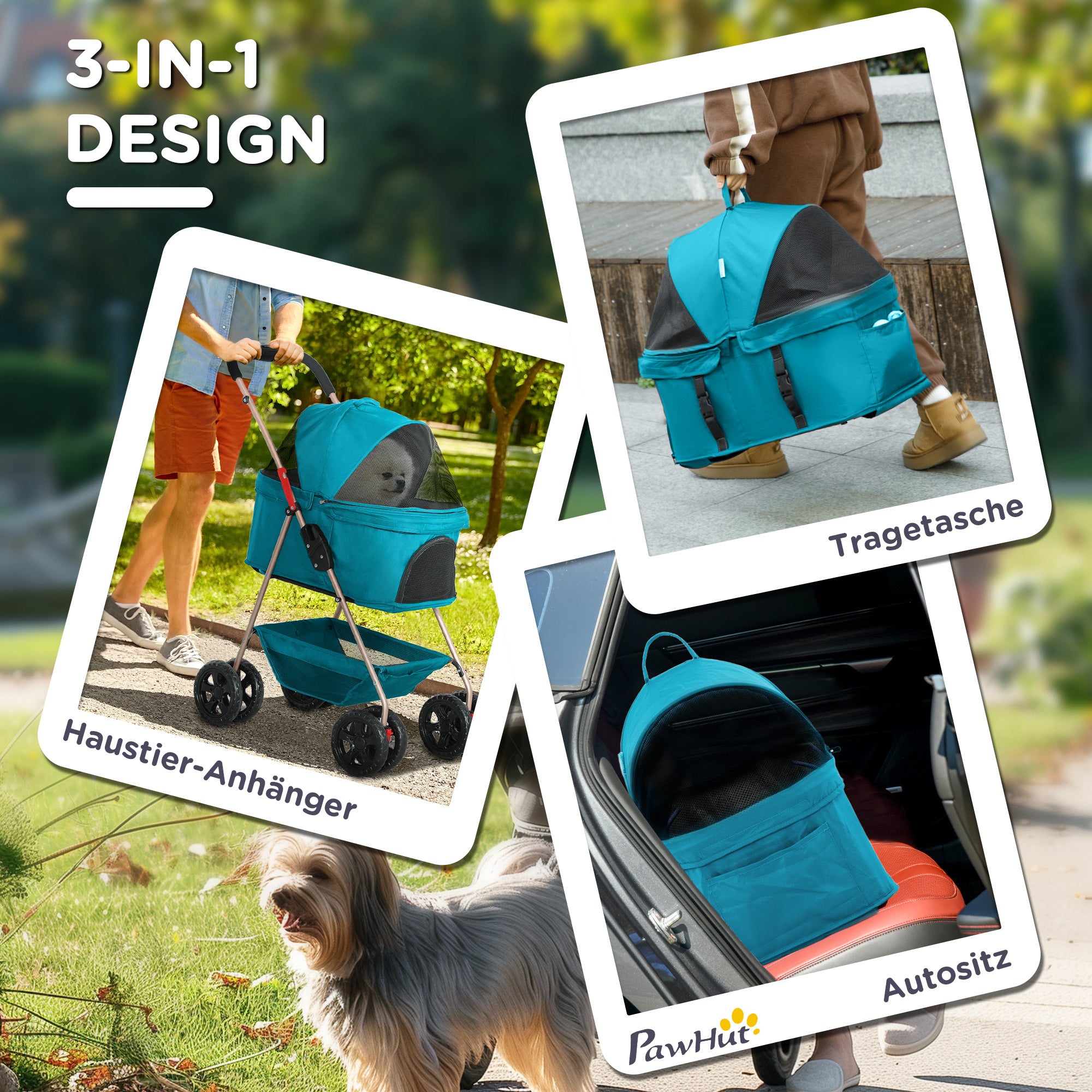 PawHut 3-in-1-Haustierkinderwagen, zusammenklappbarer Hundewagen mit 4 Rädern und abnehmbarer Trage für Hunde und Katzen Türkis