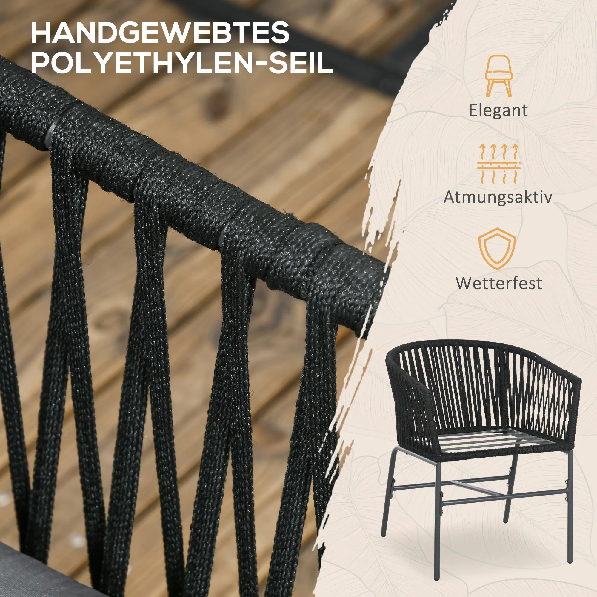 Outsunny Outdoor Stühle, 2-er Set, Boho-Design, Sitz- und Rückenkissen, bequeme Sitzschale, Metallrahmen, Schwarz