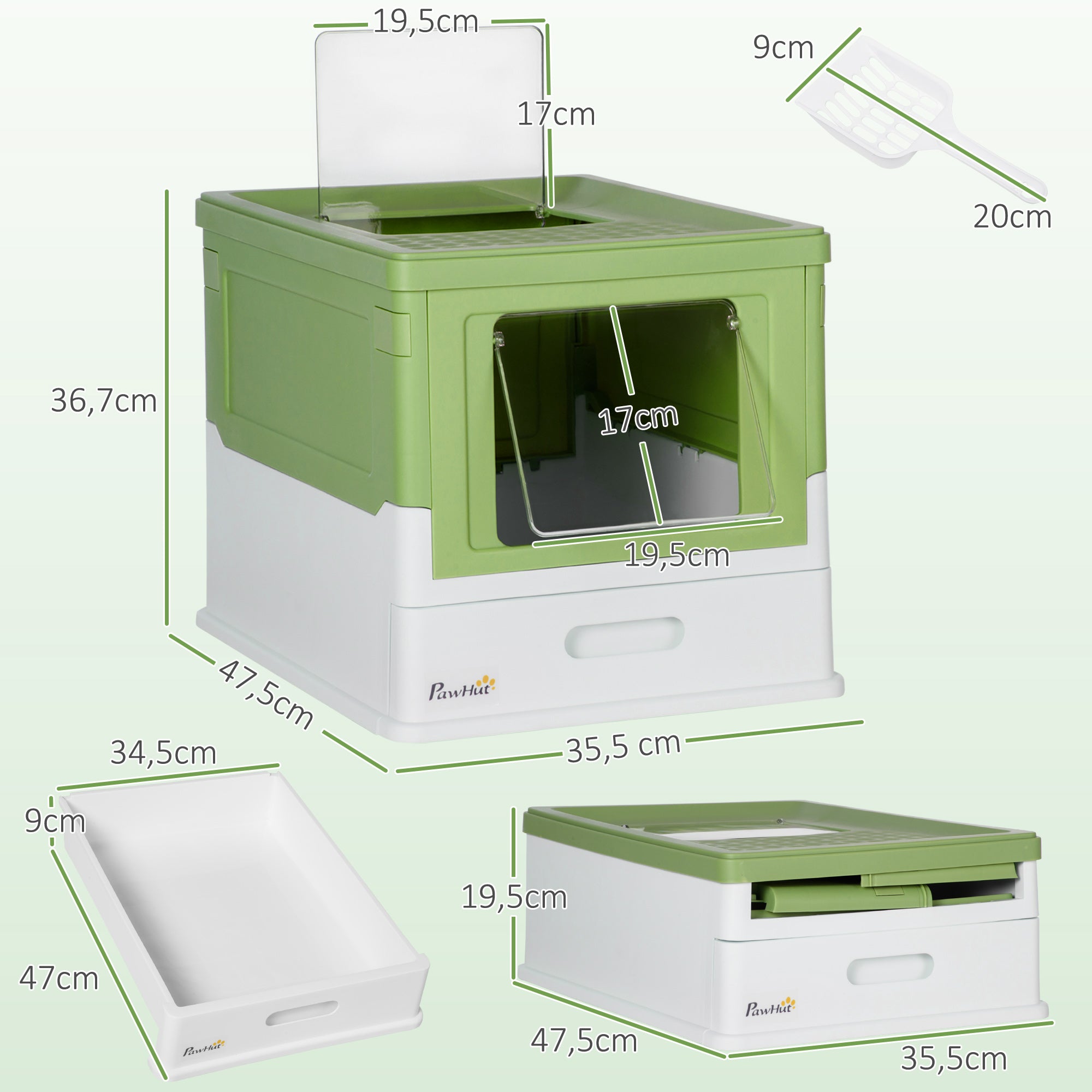PawHut Katzentoilette, klappbar, 2 Türen, Streuschaufel, 47,5x35,5x36,7cm, Weiß/Grün