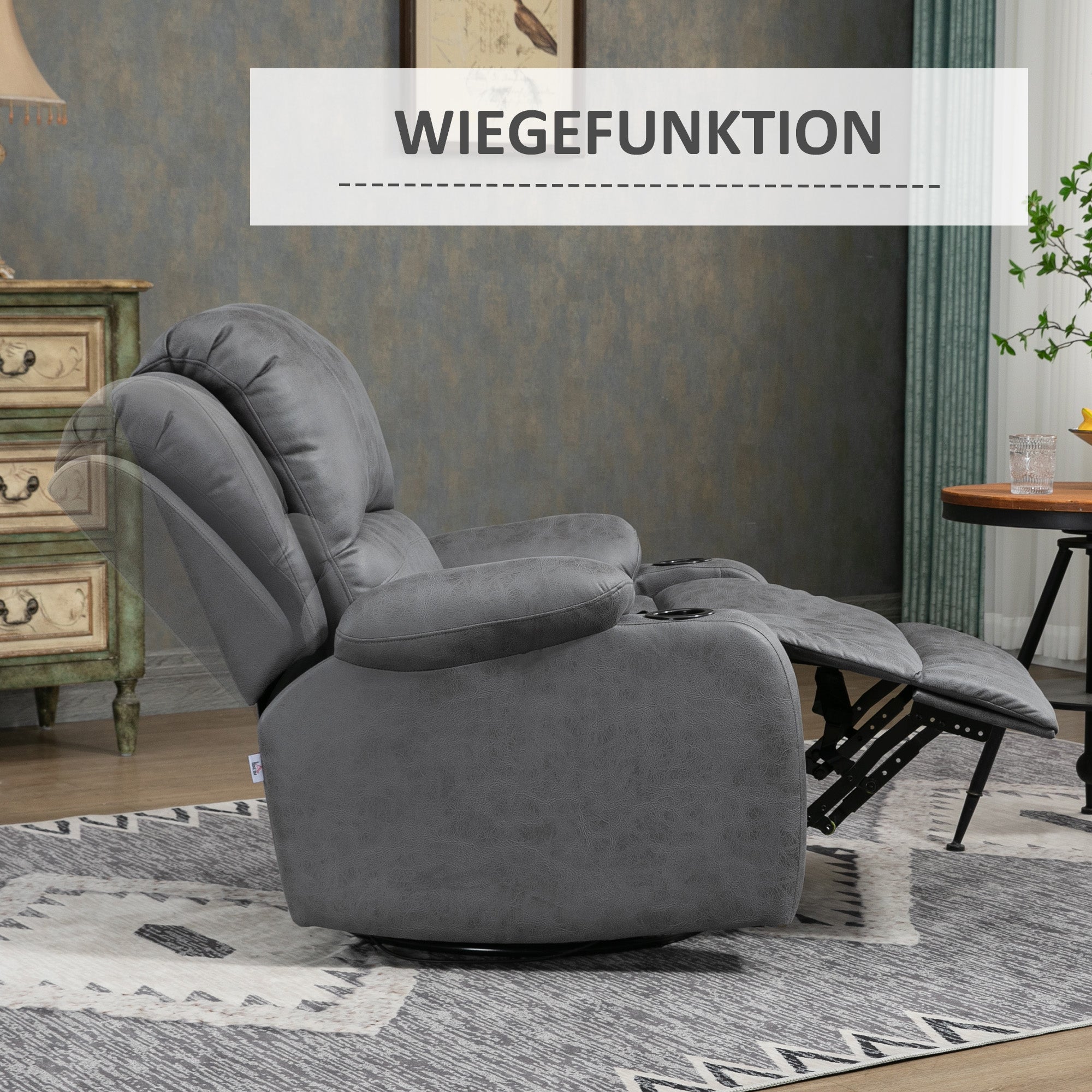 HOMCOM Relaxsessel mit Fußstütze und Liegefunktion, inkl. Getränkehalter, Fernsehsessel, 87 cm x 95 cm x102 cm, Grau