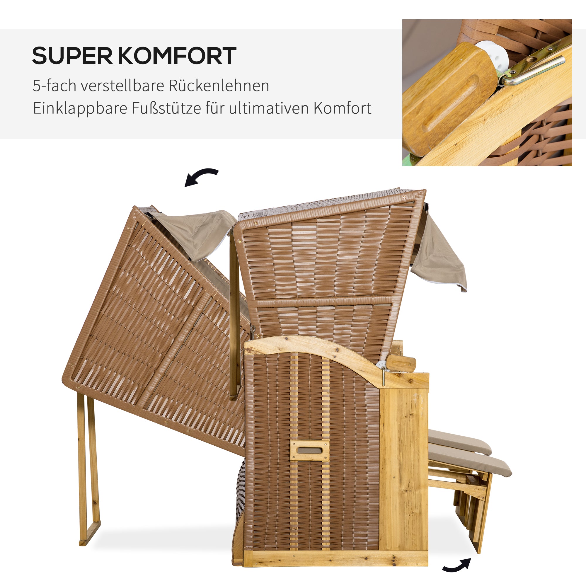Outsunny Strandkorb 3-Sitzer Sonnenliege mit Dach 2 Klapptischen Fußstütze Chaiselongue 5-stufige Rückenlehne XXL Polyrattan Natur 150 x 79 x 160 cm