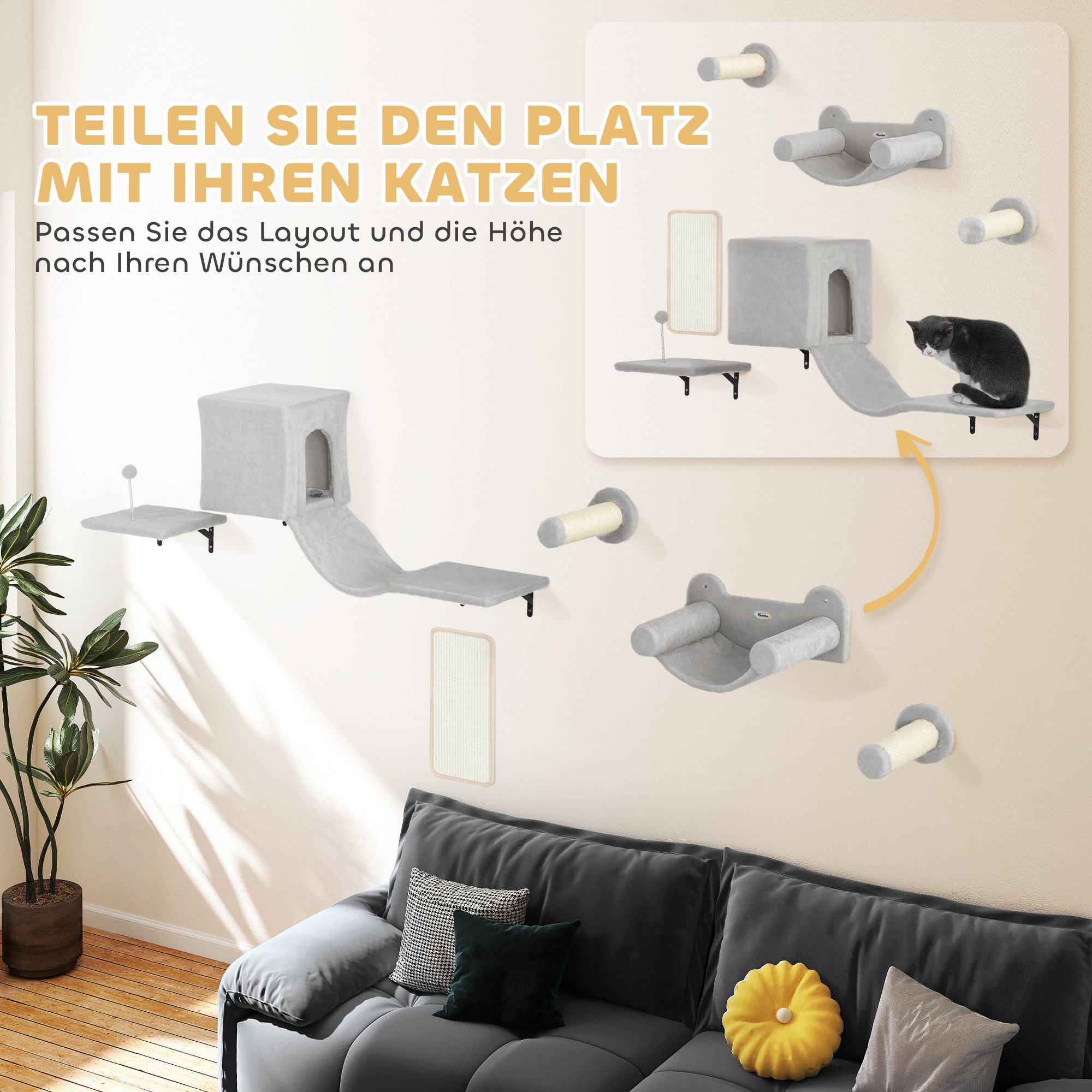 PawHut Kletterwand Katzen 6-teilig Katzen Kletterwand Set mit Katzenhaus, Hängematte, Plattform Kratzbrett Grau