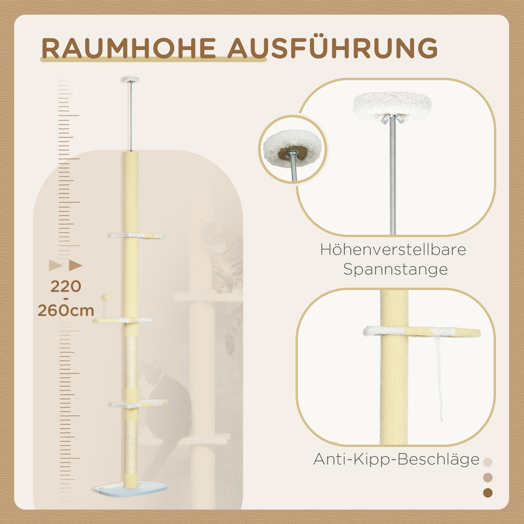 PawHut Höhenverstellbarer Kratzbaum, Anti-Rutsch, Sisalseil-Pfosten, 220-260H x 47L x 34W cm, Gelb/Weiß/Blau