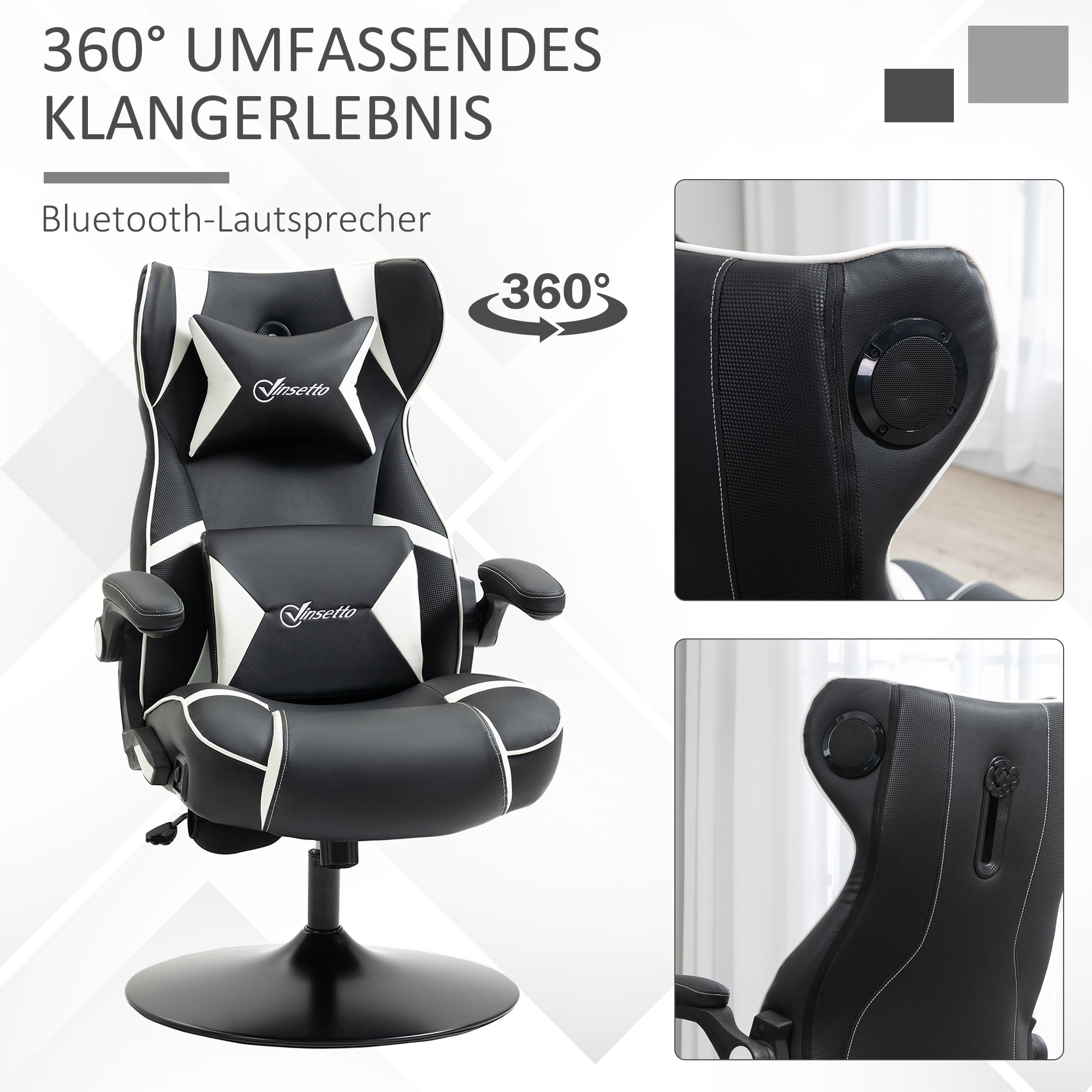 Vinsetto Gamingsessel, Gamingstuhl, integrierte Lautsprecher, neigbare Rücklehne, schwarz+weiß, 69 x 73 x 118cm