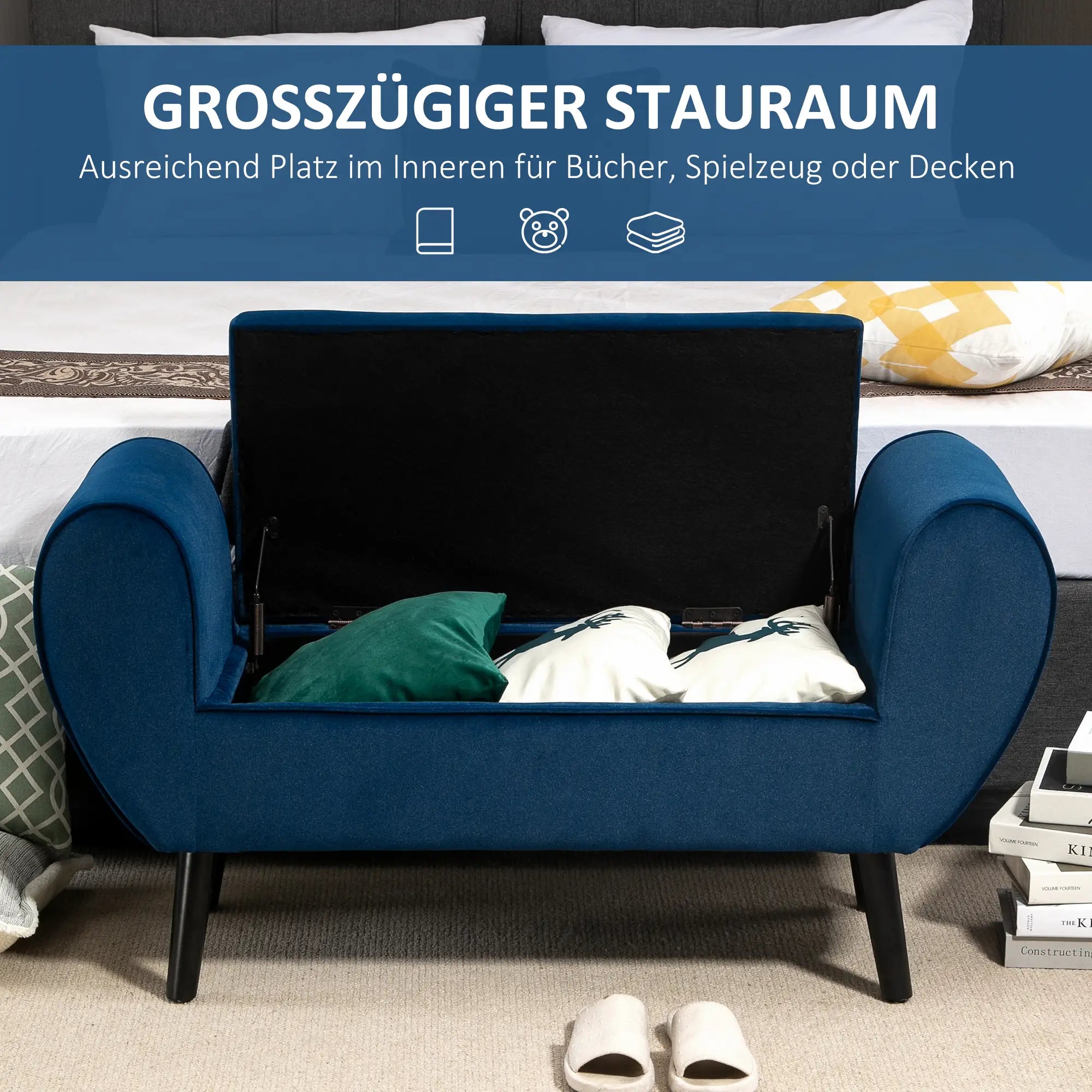 HOMCOM Polsterbank mit Stauraum und Armlehnen Samtoptik Blau