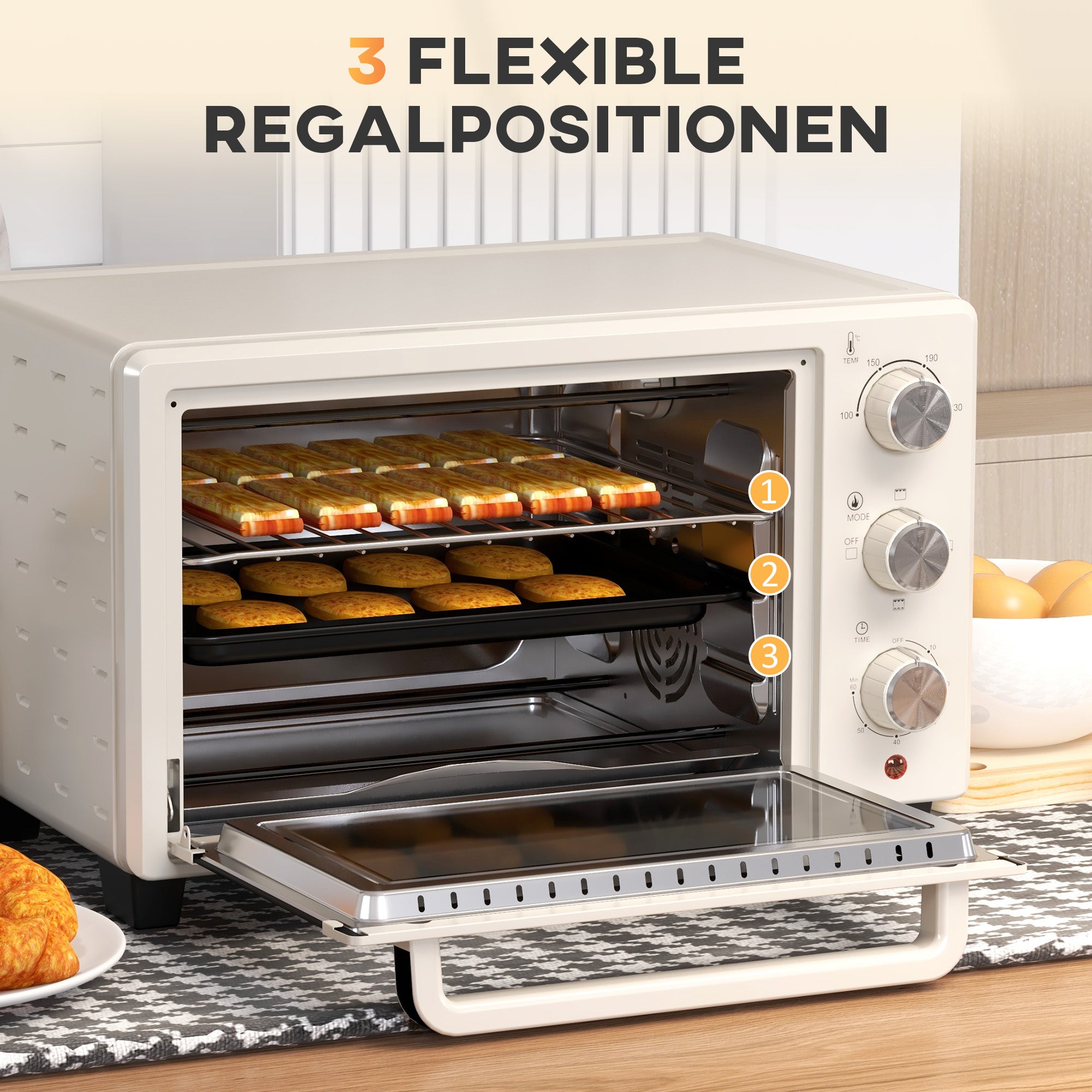 HOMCOM Minibackofen, Backofen kleine 21 L Toasterofen mit 1 Drahtgestell und 1 Backblech, 3 Kochmodi, 100 °C-230 °C, Edelstahl, Glas, Cremeweiß