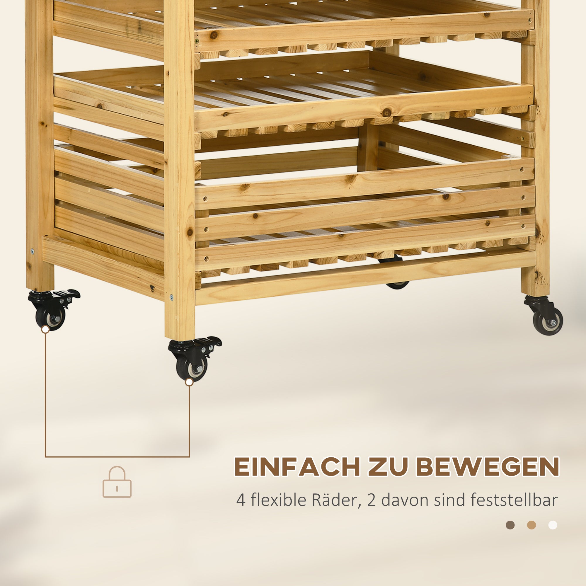 Outsunny Gemüsehorde mit 5 Regalen, Obstkiste, Gemüsekiste, wetterbeständig, 4 Rollen, 73 cm x 45 cm x 91 cm, Natur
