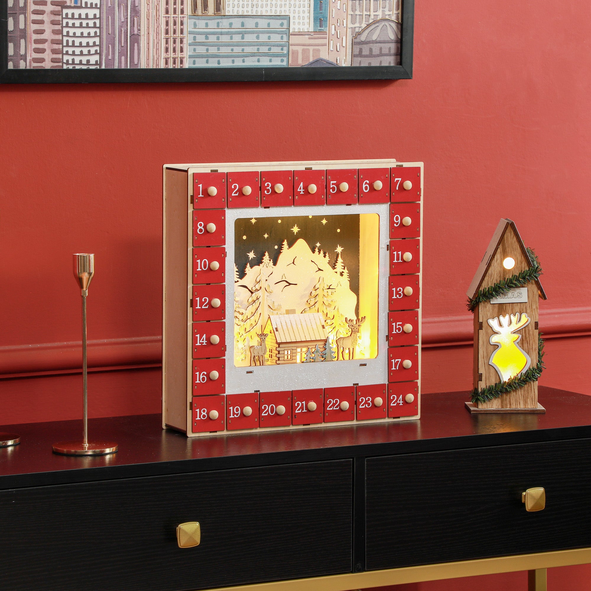 HOMCOM LED Adventskalender mit Dorfszene, 24 große Schubladen, MDF, 34 x 7 x 34 cm, Rot