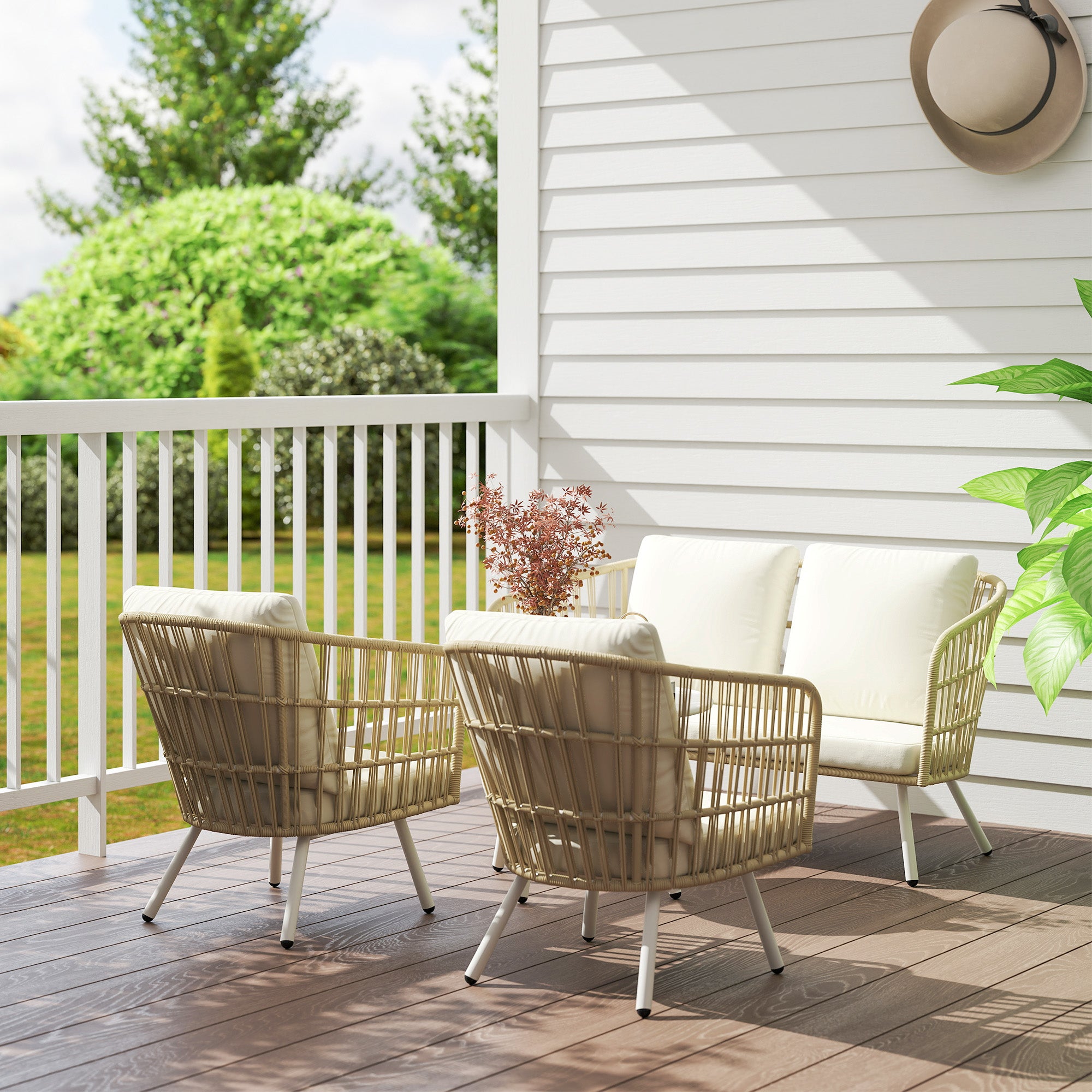 Outsunny Gartenmöbel Set aus Polyrattan Lounge-Set mit 2er Sofa Sessel Tisch Kissen wetterfest für 4 Personen Khaki