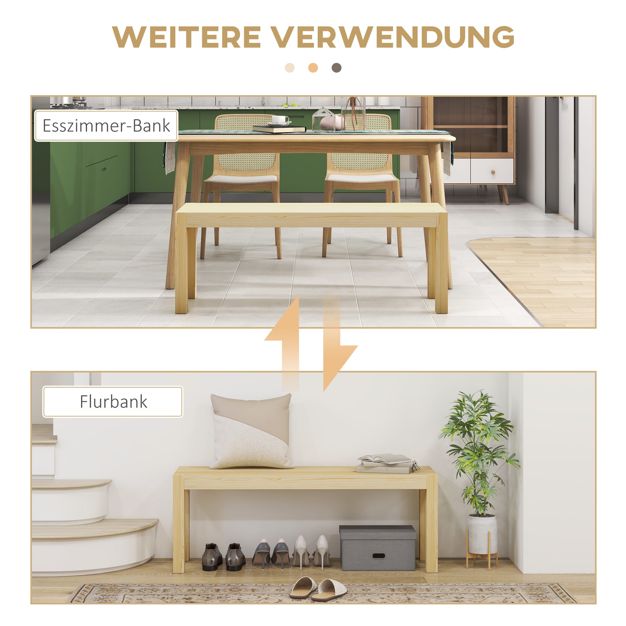 HOMCOM Sitzbank Holzbank Küchenbank, Massivholz, 3-Sitzerbank, 120 cm x 33 cm x 45 cm, Natur