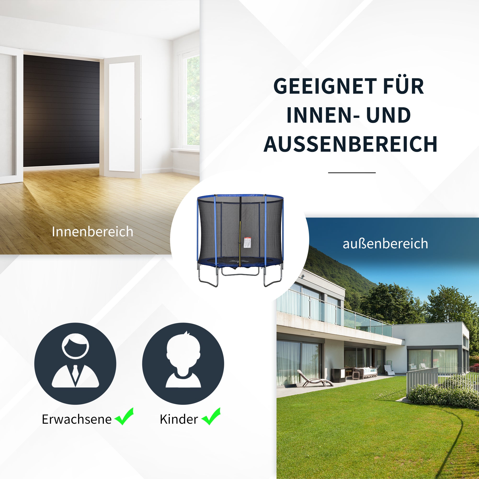 HOMCOM Trampolin mit Sicherheitsnetz Gartentrampolin für Innen- und Außenbereich Fitnesstrampolin für Kinder und Erwachsene Stahl Blau+Schwarz bis 113,6 kg Ø244 x 240H cm
