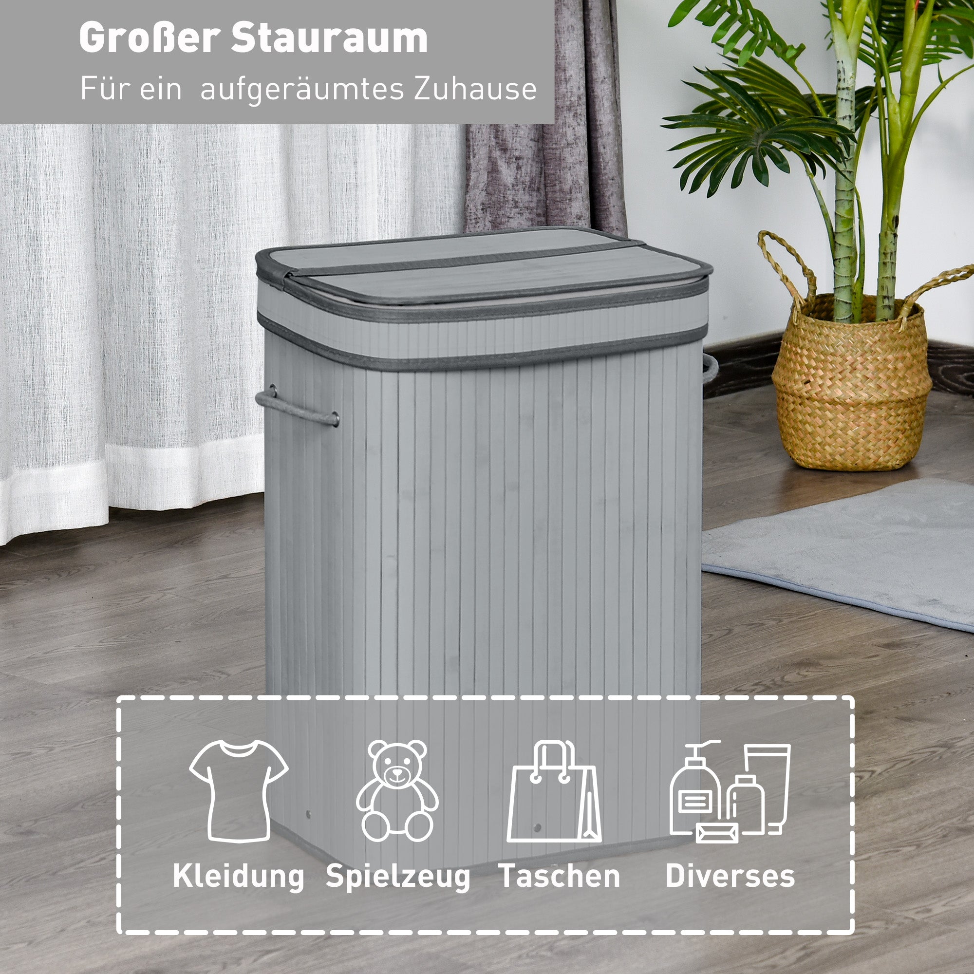 HOMCOM Wäschekorb, 70 L Wäschesammler mit Deckel, herausnehmbarer Innenfutter, Wäschebox für Badezimmer, 40 x 30 x 60 cm, Grau